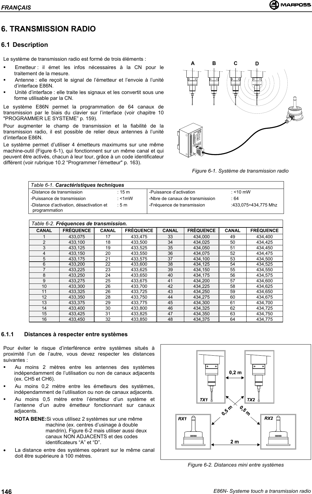 FRANÇAISE86N- Systeme touch a transmission radio1466. TRANSMISSION RADIO6.1 DescriptionLe système de transmission radio est formé de trois éléments :  Emetteur : il émet les infos nécessaires à la CN pour letraitement de la mesure.  Antenne : elle reçoit le signal de l’émetteur et l’envoie à l’unitéd’interface E86N.  Unité d’interface : elle traite les signaux et les convertit sous uneforme utilisable par la CN.Le système E86N permet la programmation de 64 canaux detransmission par le biais du clavier sur l’interface (voir chapitre 10&quot;PROGRAMMER LE SYSTEME” p. 159).Pour augmenter le champ de transmission et la fiabilité de latransmission radio, il est possible de relier deux antennes à l’unitéd’interface E86N.Le système permet d’utiliser 4 émetteurs maximums sur une mêmemachine-outil (Figure 6-1), qui fonctionnent sur un même canal et quipeuvent être activés, chacun à leur tour, grâce à un code identificateurdifférent (voir rubrique 10.2 “Programmer l’émetteur&quot; p. 163).Figure 6-1. Système de transmission radioTable 6-1. Caractéristiques techniques-Distance de transmission : 15 m -Puissance d’activation : &lt;10 mW-Puissance de transmission : &lt;1mW -Nbre de canaux de transmission : 64-Distance d’activation, désactivation etprogrammation: 5 m -Fréquence de transmission :433,075÷434,775 MhzTable 6-2. Fréquences de transmission.CANAL FRÉQUENCE CANAL FRÉQUENCE CANAL FRÉQUENCE CANAL FRÉQUENCE1 433,075 17 433,475 33 434,000 49 434,4002 433,100 18 433,500 34 434,025 50 434,4253 433,125 19 433,525 35 434,050 51 434,4504 433,150 20 433,550 36 434,075 52 434,4755 433,175 21 433,575 37 434,100 53 434,5006 433,200 22 433,600 38 434,125 54 434,5257 433,225 23 433,625 39 434,150 55 434,5508 433,250 24 433,650 40 434,175 56 434,5759 433,275 25 433,675 41 434,200 57 434,60010 433,300 26 433,700 42 434,225 58 434,62511 433,325 26 433,725 43 434,250 59 434,65012 433,350 28 433,750 44 434,275 60 434,67513 433,375 29 433,775 45 434,300 61 434,70014 433,400 30 433,800 46 434,325 62 434,72515 433,425 31 433,825 47 434,350 63 434,75016 433,450 32 433,850 48 434,375 64 434,7756.1.1  Distances à respecter entre systèmesPour éviter le risque d’interférence entre systèmes situés àproximité l’un de l’autre, vous devez respecter les distancessuivantes :  Au moins 2 mètres entre les antennes des systèmesindépendamment de l’utilisation ou non de canaux adjacents(ex. CH5 et CH6).  Au moins 0,2 mètre entre les émetteurs des systèmes,indépendamment de l’utilisation ou non de canaux adjacents.  Au moins 0,5 mètre entre l’émetteur d’un système etl’antenne d’un autre émetteur fonctionnant sur canauxadjacents.NOTA BENE:Si vous utilisez 2 systèmes sur une mêmemachine (ex. centres d’usinage à doublemandrin), Figure 6-2 mais utiliser aussi deuxcanaux NON ADJACENTS et des codesidentificateurs “A” et “D”.•  La distance entre des systèmes opérant sur le même canaldoit être supérieure à 100 mètres.Figure 6-2. Distances mini entre systèmesABCD