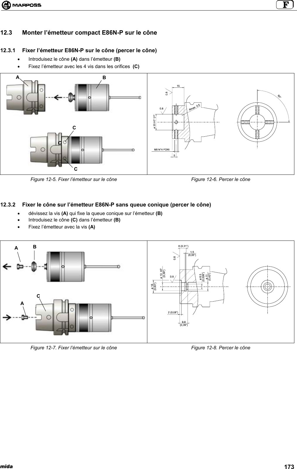 mida 17312.3  Monter l’émetteur compact E86N-P sur le cône12.3.1  Fixer l’émetteur E86N-P sur le cône (percer le cône)•  Introduisez le cône (A) dans l’émetteur (B)•  Fixez l’émetteur avec les 4 vis dans les orifices  (C)Figure 12-5. Fixer l’émetteur sur le cône Figure 12-6. Percer le cône12.3.2  Fixer le cône sur l’émetteur E86N-P sans queue conique (percer le cône)• dévissez la vis (A) qui fixe la queue conique sur l’émetteur (B)•  Introduisez le cône (C) dans l’émetteur (B)•  Fixez l’émetteur avec la vis (A)Figure 12-7. Fixer l’émetteur sur le cône Figure 12-8. Percer le côneABCCCABAC