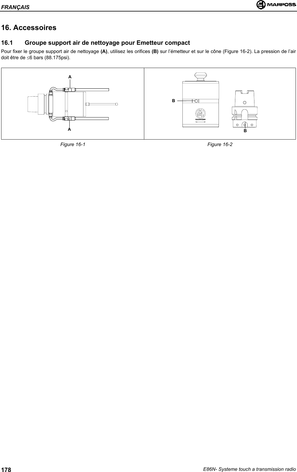 FRANÇAISE86N- Systeme touch a transmission radio17816. Accessoires16.1   Groupe support air de nettoyage pour Emetteur compactPour fixer le groupe support air de nettoyage (A), utilisez les orifices (B) sur l’émetteur et sur le cône (Figure 16-2). La pression de l’airdoit être de ≤6 bars (88.175psi).Figure 16-1 Figure 16-2AABB