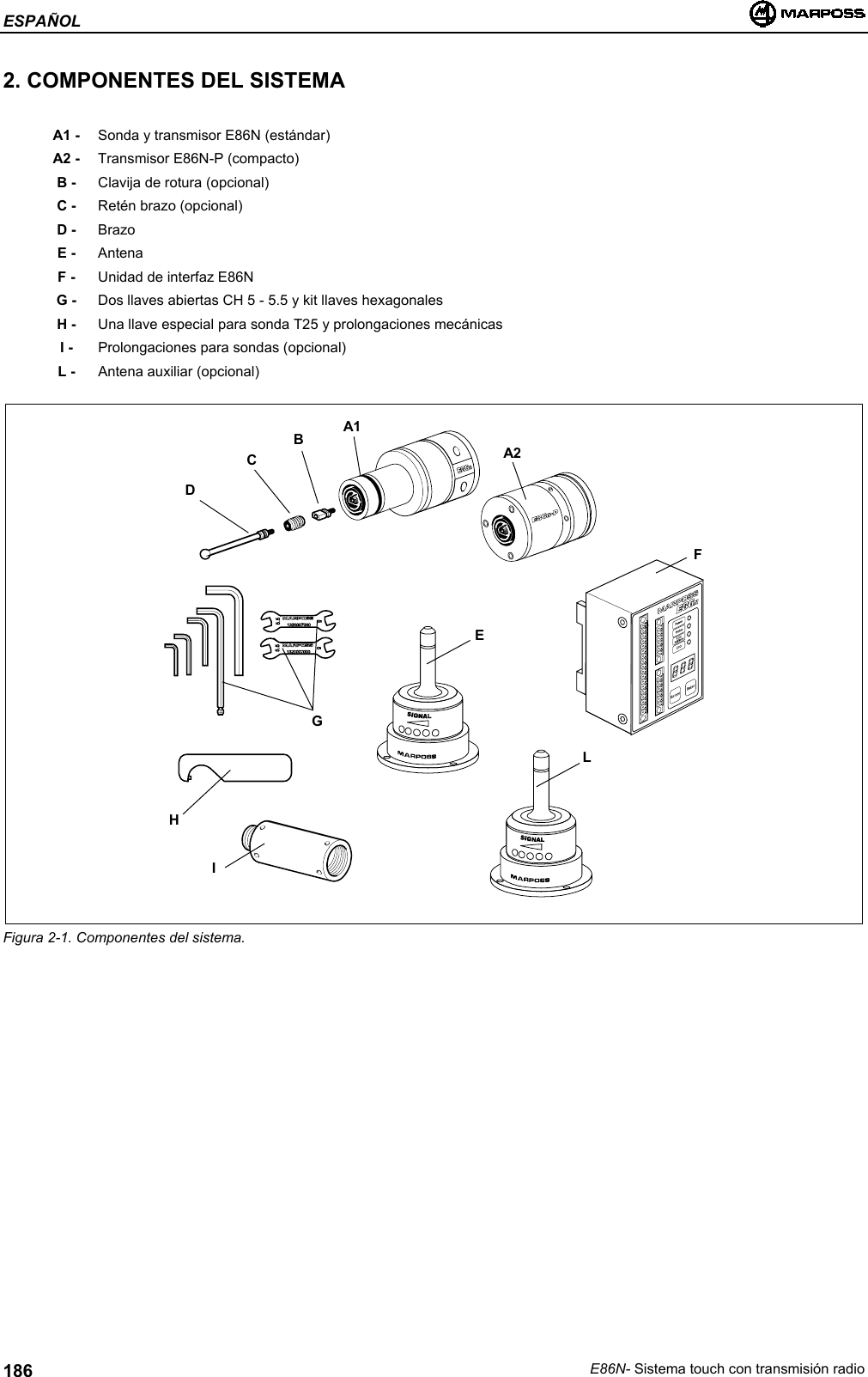 ESPAÑOLE86N- Sistema touch con transmisión radio1862. COMPONENTES DEL SISTEMAA1 - Sonda y transmisor E86N (estándar)A2 - Transmisor E86N-P (compacto)B - Clavija de rotura (opcional)C - Retén brazo (opcional)D - BrazoE - AntenaF - Unidad de interfaz E86NG - Dos llaves abiertas CH 5 - 5.5 y kit llaves hexagonalesH - Una llave especial para sonda T25 y prolongaciones mecánicasI - Prolongaciones para sondas (opcional)L - Antena auxiliar (opcional)Figura 2-1. Componentes del sistema.A1BCDEGFHILA2