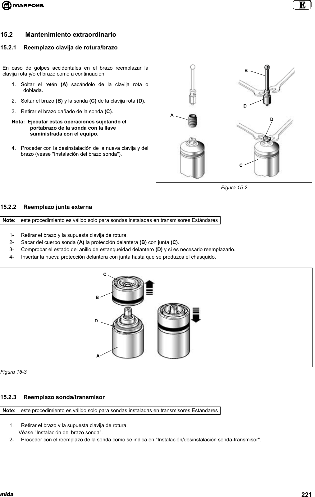 mida 22115.2   Mantenimiento extraordinario15.2.1  Reemplazo clavija de rotura/brazoEn caso de golpes accidentales en el brazo reemplazar laclavija rota y/o el brazo como a continuación.1. Soltar el retén (A) sacándolo de la clavija rota odoblada.2.  Soltar el brazo (B) y la sonda (C) de la clavija rota (D).3.  Retirar el brazo dañado de la sonda (C).Nota: Ejecutar estas operaciones sujetando elportabrazo de la sonda con la llavesuministrada con el equipo.4.  Proceder con la desinstalación de la nueva clavija y delbrazo (véase &quot;Instalación del brazo sonda&quot;).Figura 15-215.2.2  Reemplazo junta externaNote: este procedimiento es válido solo para sondas instaladas en transmisores Estándares1-  Retirar el brazo y la supuesta clavija de rotura.2-  Sacar del cuerpo sonda (A) la protección delantera (B) con junta (C).3-  Comprobar el estado del anillo de estanqueidad delantero (D) y si es necesario reemplazarlo.4-  Insertar la nueva protección delantera con junta hasta que se produzca el chasquido.Figura 15-315.2.3 Reemplazo sonda/transmisorNote: este procedimiento es válido solo para sondas instaladas en transmisores Estándares1.  Retirar el brazo y la supuesta clavija de rotura.Véase &quot;Instalación del brazo sonda&quot;.2-  Proceder con el reemplazo de la sonda como se indica en &quot;Instalación/desinstalación sonda-transmisor&quot;.DBCAADBCD