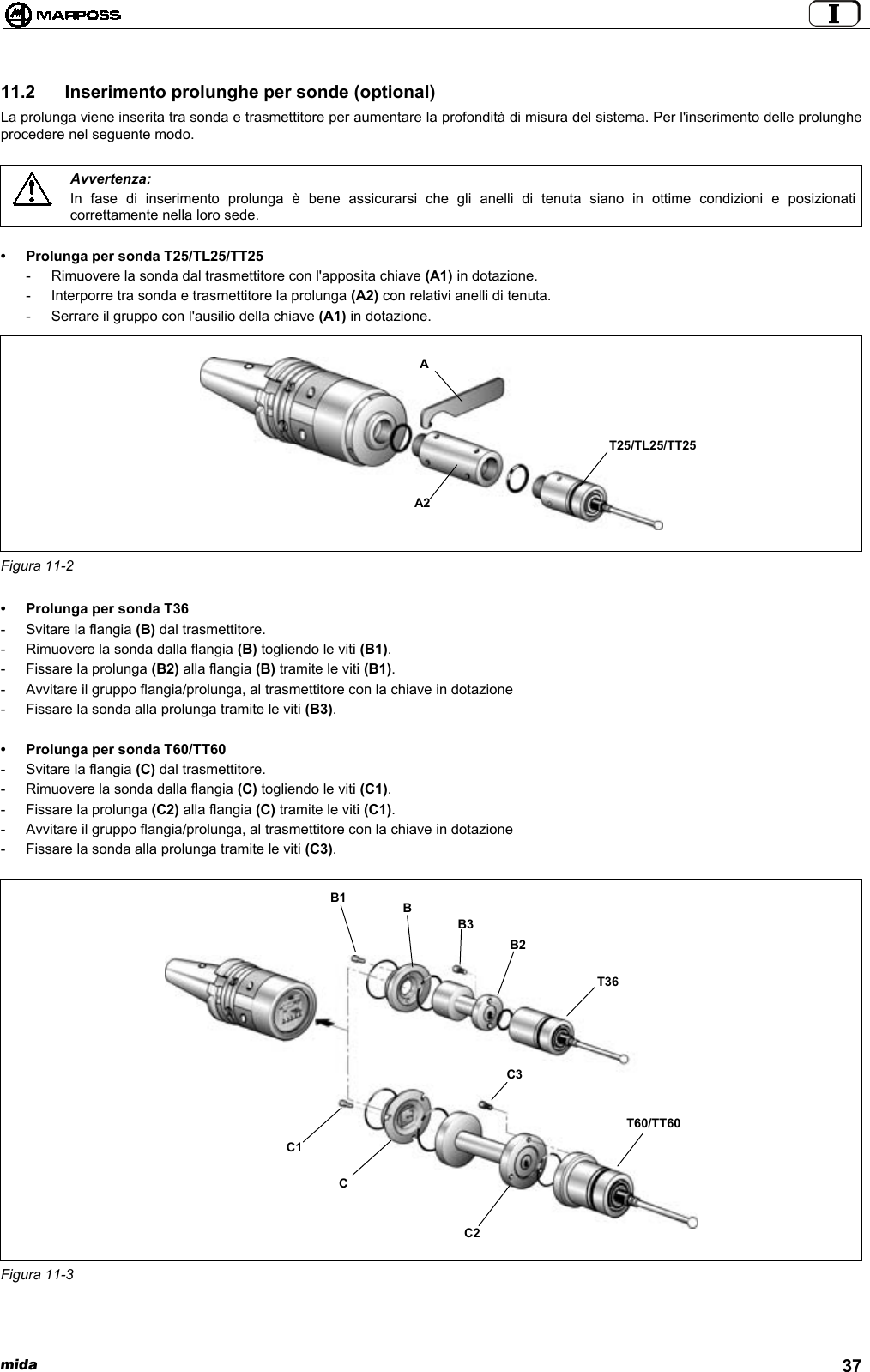  mida 3711.2  Inserimento prolunghe per sonde (optional)La prolunga viene inserita tra sonda e trasmettitore per aumentare la profondità di misura del sistema. Per l&apos;inserimento delle prolungheprocedere nel seguente modo.Avvertenza:In fase di inserimento prolunga è bene assicurarsi che gli anelli di tenuta siano in ottime condizioni e posizionaticorrettamente nella loro sede.• Prolunga per sonda T25/TL25/TT25- Rimuovere la sonda dal trasmettitore con l&apos;apposita chiave (A1) in dotazione.- Interporre tra sonda e trasmettitore la prolunga (A2) con relativi anelli di tenuta.- Serrare il gruppo con l&apos;ausilio della chiave (A1) in dotazione.Figura 11-2• Prolunga per sonda T36- Svitare la flangia (B) dal trasmettitore.- Rimuovere la sonda dalla flangia (B) togliendo le viti (B1).- Fissare la prolunga (B2) alla flangia (B) tramite le viti (B1).- Avvitare il gruppo flangia/prolunga, al trasmettitore con la chiave in dotazione- Fissare la sonda alla prolunga tramite le viti (B3).• Prolunga per sonda T60/TT60- Svitare la flangia (C) dal trasmettitore.- Rimuovere la sonda dalla flangia (C) togliendo le viti (C1).- Fissare la prolunga (C2) alla flangia (C) tramite le viti (C1).- Avvitare il gruppo flangia/prolunga, al trasmettitore con la chiave in dotazione- Fissare la sonda alla prolunga tramite le viti (C3).Figura 11-3A2AT25/TL25/TT25C3B1T36T60/TT60BB3B2C1CC2