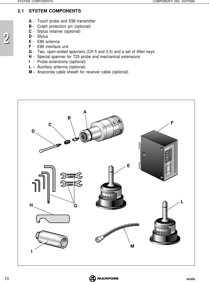 10SYSTEM COMPONENTS COMPONENTI DEL SISTEMA22midatuningtuning1  2  3  4  5  6  7  8powerprobelowbatteryerror2.1 SYSTEM COMPONENTSA- Touch probe and E86 transmitterB- Crash protection pin (optional)C- Stylus retainer (optional)D- StylusE- E86 antennaF- E86 interface unitG- Two, open-ended spanners (CH 5 and 5.5) and a set of Allen keysH- Special spanner for T25 probe and mechanical extensionsI- Probe extensions (optional)L-Auxiliary antenna (optional)M- Anaconda cable sheath for receiver cable (optional)GDCBAFMHILE