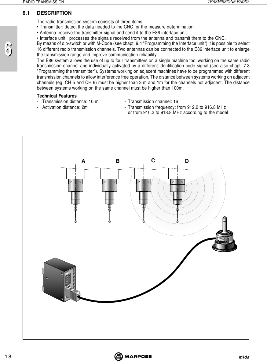 186mida6RADIO TRANSMISSION TRASMISSIONE RADIOBADCpowerprobelowbatteryerrortuning6.1 DESCRIPTIONThe radio transmission system consists of three items:• Transmitter: detect the data needed to the CNC for the measure determination.• Antenna: receive the transmitter signal and send it to the E86 interface unit.• Interface unit:  processes the signals received from the antenna and transmit them to the CNC.By means of dip-switch or with M-Code (see chapt. 9.4 &quot;Programming the Interface unit&quot;) it is possible to select16 different radio transmission channels. Two antennas can be connected to the E86 interface unit to enlargethe transmission range and improve communication reliability.The E86 system allows the use of up to four transmitters on a single machine tool working on the same radiotransmission channel and individually activated by a different identification code signal (see also chapt. 7.3&quot;Programming the transmitter&quot;). Systems working on adjacent machines have to be programmed with differenttransmission channels to allow interference free operation. The distance between systems working on adjacentchannels (eg. CH 5 and CH 6) must be higher than 3 m and 1m for the channels not adjacent. The distancebetween systems working on the same channel must be higher than 100m.Technical Features- Transmission distance: 10 m - Transmission channel: 16- Activation distance: 2m - Transmission frequency: from 912.2 to 916.8 MHzor from 910.2 to 918.8 MHz according to the model