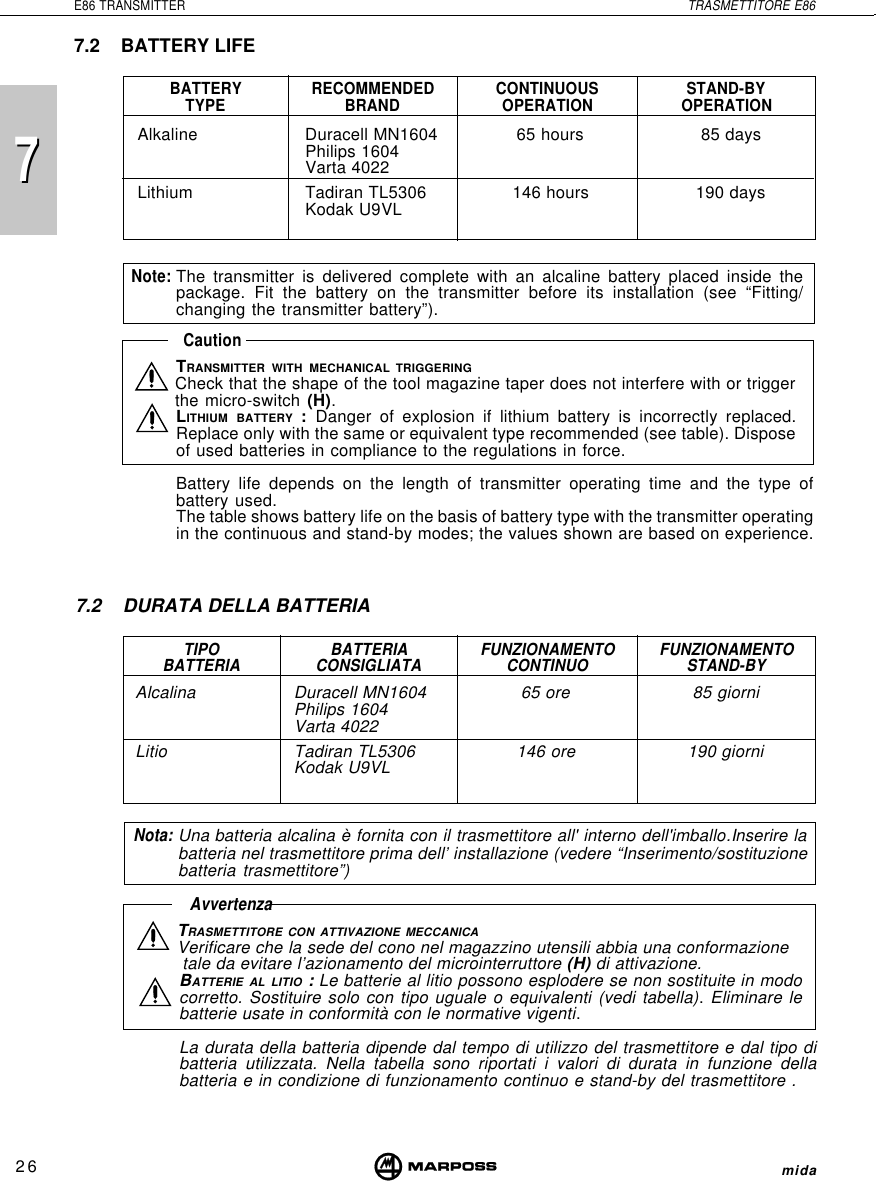 7726E86 TRANSMITTER TRASMETTITORE E86midaAlcalina Duracell MN1604 65 ore 85 giorniPhilips 1604Varta 4022Litio Tadiran TL5306 146 ore 190 giorniKodak U9VLSTAND-BYOPERATIONCONTINUOUSOPERATIONRECOMMENDEDBRANDBATTERYTYPECautionTRANSMITTER WITH MECHANICAL TRIGGERINGCheck that the shape of the tool magazine taper does not interfere with or triggerthe micro-switch (H).LITHIUM BATTERY : Danger of explosion if lithium battery is incorrectly replaced.Replace only with the same or equivalent type recommended (see table). Disposeof used batteries in compliance to the regulations in force.Battery life depends on the length of transmitter operating time and the type ofbattery used.The table shows battery life on the basis of battery type with the transmitter operatingin the continuous and stand-by modes; the values shown are based on experience.Note:The transmitter is delivered complete with an alcaline battery placed inside thepackage. Fit the battery on the transmitter before its installation (see “Fitting/changing the transmitter battery”).7.2 BATTERY LIFE7.2 DURATA DELLA BATTERIAFUNZIONAMENTOSTAND-BYFUNZIONAMENTOCONTINUOBATTERIACONSIGLIATATIPOBATTERIAAvvertenzaTRASMETTITORE CON ATTIVAZIONE MECCANICAVerificare che la sede del cono nel magazzino utensili abbia una conformazione tale da evitare l’azionamento del microinterruttore (H) di attivazione.BATTERIE AL LITIO : Le batterie al litio possono esplodere se non sostituite in modocorretto. Sostituire solo con tipo uguale o equivalenti (vedi tabella). Eliminare lebatterie usate in conformità con le normative vigenti.Nota:Una batteria alcalina è fornita con il trasmettitore all&apos; interno dell&apos;imballo.Inserire labatteria nel trasmettitore prima dell’ installazione (vedere “Inserimento/sostituzionebatteria trasmettitore”)La durata della batteria dipende dal tempo di utilizzo del trasmettitore e dal tipo dibatteria utilizzata. Nella tabella sono riportati i valori di durata in funzione dellabatteria e in condizione di funzionamento continuo e stand-by del trasmettitore .Alkaline Duracell MN1604 65 hours 85 daysPhilips 1604Varta 4022Lithium Tadiran TL5306 146 hours 190 daysKodak U9VL