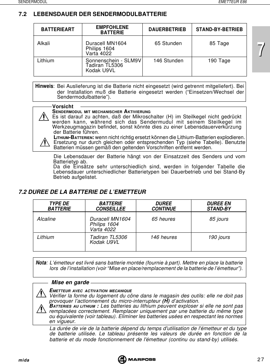 727SENDERMODUL EMETTEUR E86mida7Alcaline Duracell MN1604 65 heures 85 joursPhilips 1604Varta 4022Lithium Tadiran TL5306 146 heures 190 joursKodak U9VLAlkali Duracell MN1604 65 Stunden 85 TagePhilips 1604Varta 4022Lithium Sonnenschein - SLM9V 146 Stunden 190 TageTadiran TL5306Kodak U9VL7.2 LEBENSDAUER DER SENDERMODULBATTERIEEMPFOHLENEBATTERIE STAND-BY-BETRIEBDAUERBETRIEBBATTERIEARTHinweis:Bei Auslieferung ist die Batterie nicht eingesetzt (wird getrennt mitgeliefert). Beider Installation muß die Batterie eingesetzt werden (“Einsetzen/Wechsel derSendermodulbatterie”).7.2 DUREE DE LA BATTERIE DE L’EMETTEURDUREE ENSTAND-BYDUREECONTINUEBATTERIECONSEILLEETYPE DEBATTERIENota:L’émetteur est livré sans batterie montée (fournie à part). Mettre en place la batterielors  de l’installation (voir “Mise en place/remplacement de la batterie de l’émetteur”).Mise en gardeEMETTEUR AVEC ACTIVATION MECANIQUEVérifier la forme du logement du cône dans le magasin des outils: elle ne doit pasprovoquer l’actionnement du micro-interrupteur (H) d’activation.BATTERIES AU LITHIUM : Les batteries au lithium peuvent exploser si elle ne sont pasremplacées correctement. Remplacer uniquement par une batterie du même typeou équivalente (voir tableau). Eliminer les batteries usées en respectant les normesen vigueur.La durée de vie de la batterie dépend du temps d&apos;utilisation de l&apos;émetteur et du typede batterie utilisée. Le tableau présente les valeurs de durée en fonction de labatterie et du mode fonctionnement de l&apos;émetteur (continu ou stand-by) utilisés.VorsichtSENDERMODUL MIT MECHANISCHER AKTIVIERUNGEs ist darauf zu achten, daß der Mikroschalter (H) im Steilkegel nicht gedrücktwerden kann, während sich das Sendermudul mit seinem Steilkegel imWerkzeugmagazin befindet, sonst könnte dies zu einer Lebensdauerverkürzungder Batterie führen.LITHIUM-BATTERIEN: wenn nicht richtig ersetzt können die Lithium-Batterien explodieren.Ersetzung nur durch gleichen oder entsprechenden Typ (siehe Tabelle). BenutzteBatterien müssen gemäß den geltenden Vorschriften entfernt werden.Die Lebensdauer der Batterie hängt von der Einsatzzeit des Senders und vomBatterietyp ab.Da die Einsätze sehr unterschiedlich sind, werden in folgender Tabelle dieLebensdauer unterschiedlicher Batterietypen bei Dauerbetrieb und bei Stand-ByBetrieb aufgelistet.