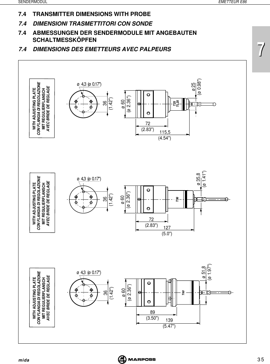 735SENDERMODUL EMETTEUR E86mida7T36T25TL257.4 TRANSMITTER DIMENSIONS WITH PROBE7.4 DIMENSIONI TRASMETTITORI CON SONDE7.4 ABMESSUNGEN DER SENDERMODULE MIT ANGEBAUTENSCHALTMESSKÖPFEN7.4 DIMENSIONS DES EMETTEURS AVEC PALPEURSWITH ADJUSTING PLATECON FLANGIA DI REGOLAZIONEMIT REGULIERFLANSCHAVEC BRIDE DE REGLAGEø60(ø 2.36&quot;)72(2.83&quot;) 127(5.0&quot;)WITH ADJUSTING PLATECON FLANGIA DI REGOLAZIONEMIT REGULIERFLANSCHAVEC BRIDE DE REGLAGET6089(3.50&quot;)ø 51,8(ø 1.97&quot;)139(5.47&quot;)ø60(ø 2.36&quot;)ø 35,8(ø 1.41&quot;) 36(1.42&quot;)ø60(ø 2.36&quot;)72(2.83&quot;)WITH ADJUSTING PLATECON FLANGIA DI REGOLAZIONEMIT REGULIERFLANSCHAVEC BRIDE DE REGLAGE115,5(4.54&quot;)ø25(ø 0.98&quot;) 36(1.42&quot;) 36(1.42&quot;)ø  4,3  (ø  0.17&quot;)ø  4,3   (ø  0.17&quot;)ø  4,3   (ø  0.17&quot;)