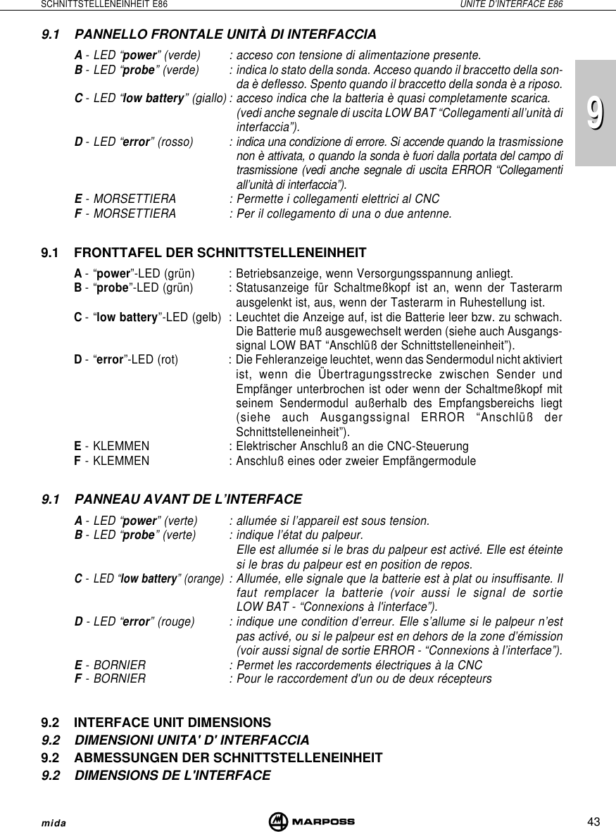 43SCHNITTSTELLENEINHEIT E86 UNITE D’INTERFACE E86mida999.1 PANNELLO FRONTALE UNITÀ DI INTERFACCIAA- LED “power” (verde) : acceso con tensione di alimentazione presente.B- LED “probe” (verde) : indica lo stato della sonda. Acceso quando il braccetto della son-da è deflesso. Spento quando il braccetto della sonda è a riposo.C- LED “low battery” (giallo) : acceso indica che la batteria è quasi completamente scarica.(vedi anche segnale di uscita LOW BAT “Collegamenti all’unità diinterfaccia”).D- LED “error” (rosso) : indica una condizione di errore. Si accende quando la trasmissionenon è attivata, o quando la sonda è fuori dalla portata del campo ditrasmissione (vedi anche segnale di uscita ERROR “Collegamentiall’unità di interfaccia”).E- MORSETTIERA : Permette i collegamenti elettrici al CNCF- MORSETTIERA : Per il collegamento di una o due antenne.9.1 FRONTTAFEL DER SCHNITTSTELLENEINHEITA-“power”-LED (grün) : Betriebsanzeige, wenn Versorgungsspannung anliegt.B-“probe”-LED (grün) : Statusanzeige für Schaltmeßkopf ist an, wenn der Tasterarmausgelenkt ist, aus, wenn der Tasterarm in Ruhestellung ist.C-“low battery”-LED (gelb) : Leuchtet die Anzeige auf, ist die Batterie leer bzw. zu schwach.Die Batterie muß ausgewechselt werden (siehe auch Ausgangs-signal LOW BAT “Anschlüß der Schnittstelleneinheit”).D-“error”-LED (rot) : Die Fehleranzeige leuchtet, wenn das Sendermodul nicht aktiviertist, wenn die Übertragungsstrecke zwischen Sender undEmpfänger unterbrochen ist oder wenn der Schaltmeßkopf mitseinem Sendermodul außerhalb des Empfangsbereichs liegt(siehe auch Ausgangssignal ERROR “Anschlüß derSchnittstelleneinheit”).E- KLEMMEN : Elektrischer Anschluß an die CNC-SteuerungF- KLEMMEN : Anschluß eines oder zweier Empfängermodule9.1 PANNEAU AVANT DE L’INTERFACEA- LED “power” (verte) : allumée si l’appareil est sous tension.B- LED “probe” (verte) : indique l’état du palpeur.Elle est allumée si le bras du palpeur est activé. Elle est éteintesi le bras du palpeur est en position de repos.C - LED “low battery” (orange): Allumée, elle signale que la batterie est à plat ou insuffisante. Ilfaut remplacer la batterie (voir aussi le signal de sortieLOW BAT - “Connexions à l&apos;interface”).D - LED “error” (rouge) : indique une condition d’erreur. Elle s’allume si le palpeur n’estpas activé, ou si le palpeur est en dehors de la zone d’émission(voir aussi signal de sortie ERROR - “Connexions à l’interface”).E- BORNIER : Permet les raccordements électriques à la CNCF- BORNIER : Pour le raccordement d&apos;un ou de deux récepteurs9.2 INTERFACE UNIT DIMENSIONS9.2 DIMENSIONI UNITA&apos; D&apos; INTERFACCIA9.2 ABMESSUNGEN DER SCHNITTSTELLENEINHEIT9.2 DIMENSIONS DE L&apos;INTERFACE