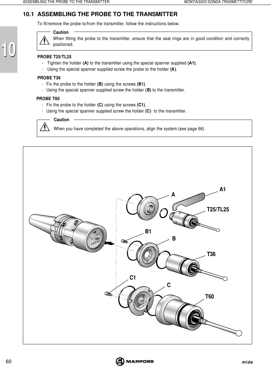 101060ASSEMBLING THE PROBE TO THE TRANSMITTER MONTAGGIO SONDA-TRASMETTITORE midaT25/TL25T36A1AB1 BC1 CT6010.1 ASSEMBLING THE PROBE TO THE TRANSMITTERTo fit/remove the probe to/from the transmitter, follow the instructions below.CautionWhen fitting the probe to the transmitter, ensure that the seal rings are in good condition and correctlypositioned.PROBE T25/TL25- Tighten the holder (A) to the transmitter using the special spanner supplied (A1).- Using the special spanner supplied screw the probe to the holder (A).PROBE T36- Fix the probe to the holder (B) using the screws (B1).- Using the special spanner supplied screw the holder (B) to the transmitter.PROBE T60- Fix the probe to the holder (C) using the screws (C1).- Using the special spanner supplied screw the holder (C)  to the transmitter.CautionWhen you have completed the above operations, align the system.(see page 66)