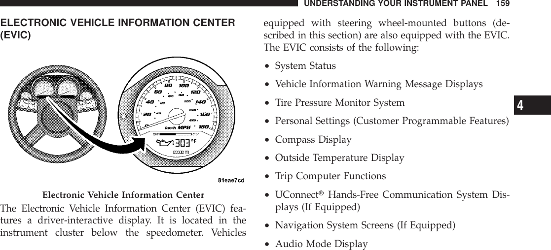 ELECTRONIC VEHICLE INFORMATION CENTER(EVIC)The Electronic Vehicle Information Center (EVIC) fea-tures a driver-interactive display. It is located in theinstrument cluster below the speedometer. Vehiclesequipped with steering wheel-mounted buttons (de-scribed in this section) are also equipped with the EVIC.The EVIC consists of the following:•System Status•Vehicle Information Warning Message Displays•Tire Pressure Monitor System•Personal Settings (Customer Programmable Features)•Compass Display•Outside Temperature Display•Trip Computer Functions•UConnecttHands-Free Communication System Dis-plays (If Equipped)•Navigation System Screens (If Equipped)•Audio Mode DisplayElectronic Vehicle Information CenterUNDERSTANDING YOUR INSTRUMENT PANEL 1594