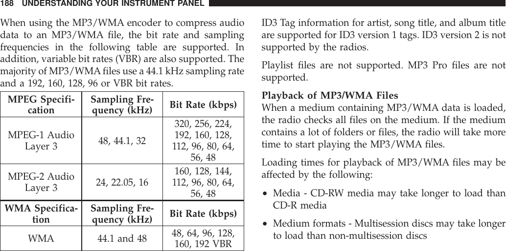 When using the MP3/WMA encoder to compress audiodata to an MP3/WMA file, the bit rate and samplingfrequencies in the following table are supported. Inaddition, variable bit rates (VBR) are also supported. Themajority of MP3/WMAfiles use a 44.1 kHz sampling rateand a 192, 160, 128, 96 or VBR bit rates.MPEG Specifi-cation Sampling Fre-quency (kHz) Bit Rate (kbps)MPEG-1 AudioLayer 3 48, 44.1, 32 320, 256, 224,192, 160, 128,112, 96, 80, 64,56, 48MPEG-2 AudioLayer 3 24, 22.05, 16 160, 128, 144,112, 96, 80, 64,56, 48WMA Specifica-tion Sampling Fre-quency (kHz) Bit Rate (kbps)WMA 44.1 and 48 48, 64, 96, 128,160, 192 VBRID3 Tag information for artist, song title, and album titleare supported for ID3 version 1 tags. ID3 version 2 is notsupported by the radios.Playlist files are not supported. MP3 Pro files are notsupported.Playback of MP3/WMA FilesWhen a medium containing MP3/WMA data is loaded,the radio checks all files on the medium. If the mediumcontains a lot of folders or files, the radio will take moretime to start playing the MP3/WMA files.Loading times for playback of MP3/WMA files may beaffected by the following:•Media - CD-RW media may take longer to load thanCD-R media•Medium formats - Multisession discs may take longerto load than non-multisession discs188 UNDERSTANDING YOUR INSTRUMENT PANEL