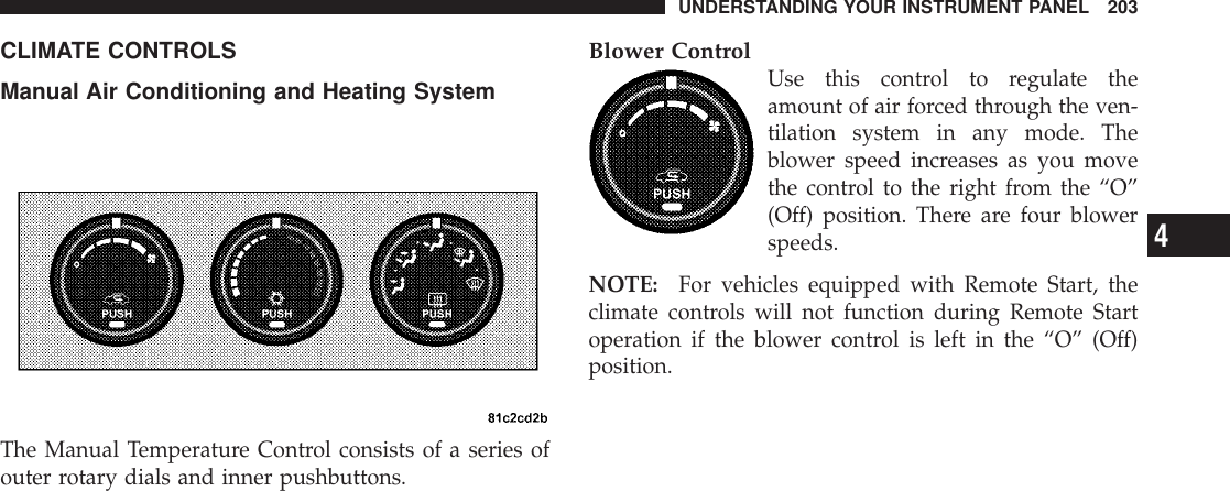 CLIMATE CONTROLSManual Air Conditioning and Heating SystemThe Manual Temperature Control consists of a series ofouter rotary dials and inner pushbuttons.Blower ControlUse this control to regulate theamount of air forced through the ven-tilation system in any mode. Theblower speed increases as you movethe control to the right from the “O”(Off) position. There are four blowerspeeds.NOTE: For vehicles equipped with Remote Start, theclimate controls will not function during Remote Startoperation if the blower control is left in the “O” (Off)position.UNDERSTANDING YOUR INSTRUMENT PANEL 2034
