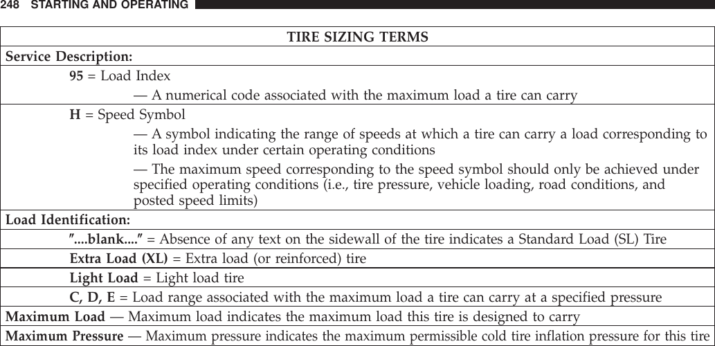 TIRE SIZING TERMSService Description:95 = Load Index— A numerical code associated with the maximum load a tire can carryH= Speed Symbol— A symbol indicating the range of speeds at which a tire can carry a load corresponding toits load index under certain operating conditions— The maximum speed corresponding to the speed symbol should only be achieved underspecified operating conditions (i.e., tire pressure, vehicle loading, road conditions, andposted speed limits)Load Identification:(....blank....(= Absence of any text on the sidewall of the tire indicates a Standard Load (SL) TireExtra Load (XL) = Extra load (or reinforced) tireLight Load = Light load tireC, D, E = Load range associated with the maximum load a tire can carry at a specified pressureMaximum Load — Maximum load indicates the maximum load this tire is designed to carryMaximum Pressure — Maximum pressure indicates the maximum permissible cold tire inflation pressure for this tire248 STARTING AND OPERATING