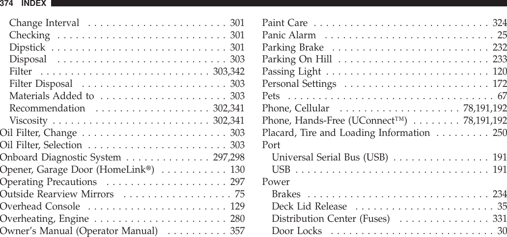 Change Interval .......................301Checking ............................301Dipstick .............................301Disposal ............................303Filter ............................303,342Filter Disposal ........................303Materials Added to .....................303Recommendation ...................302,341Viscosity ..........................302,341Oil Filter, Change ........................303Oil Filter, Selection .......................303Onboard Diagnostic System ..............297,298Opener, Garage Door (HomeLinkt) ...........130Operating Precautions ....................297Outside Rearview Mirrors ..................75Overhead Console .......................129Overheating, Engine ......................280Owner’s Manual (Operator Manual) ..........357Paint Care .............................324Panic Alarm ............................25Parking Brake ..........................232Parking On Hill .........................233Passing Light ...........................120Personal Settings ........................172Pets ..................................67Phone, Cellular ....................78,191,192Phone, Hands-Free (UConnect™) ........78,191,192Placard, Tire and Loading Information .........250PortUniversal Serial Bus (USB) ................191USB................................191PowerBrakes ..............................234Deck Lid Release .......................35Distribution Center (Fuses) ...............331Door Locks ...........................30374 INDEX