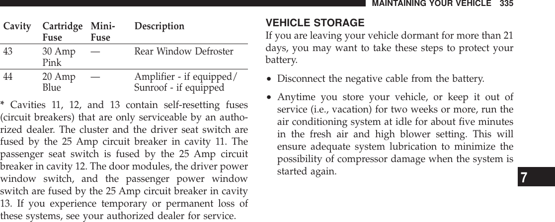 Cavity CartridgeFuse Mini-Fuse Description43 30 AmpPink — Rear Window Defroster44 20 AmpBlue — Amplifier - if equipped/Sunroof - if equipped*Cavities 11, 12, and 13 contain self-resetting fuses(circuit breakers) that are only serviceable by an autho-rized dealer. The cluster and the driver seat switch arefused by the 25 Amp circuit breaker in cavity 11. Thepassenger seat switch is fused by the 25 Amp circuitbreaker in cavity 12. The door modules, the driver powerwindow switch, and the passenger power windowswitch are fused by the 25 Amp circuit breaker in cavity13. If you experience temporary or permanent loss ofthese systems, see your authorized dealer for service.VEHICLE STORAGEIf you are leaving your vehicle dormant for more than 21days, you may want to take these steps to protect yourbattery.•Disconnect the negative cable from the battery.•Anytime you store your vehicle, or keep it out ofservice (i.e., vacation) for two weeks or more, run theair conditioning system at idle for about five minutesin the fresh air and high blower setting. This willensure adequate system lubrication to minimize thepossibility of compressor damage when the system isstarted again.MAINTAINING YOUR VEHICLE 3357