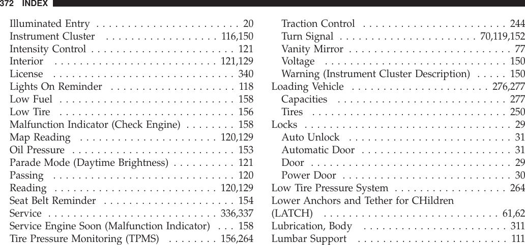 Illuminated Entry .......................20Instrument Cluster ..................116,150Intensity Control .......................121Interior ..........................121,129License .............................340Lights On Reminder ....................118Low Fuel ............................158LowTire ............................156Malfunction Indicator (Check Engine) ........158Map Reading ......................120,129Oil Pressure ..........................153Parade Mode (Daytime Brightness) ..........121Passing .............................120Reading ..........................120,129Seat Belt Reminder .....................154Service ...........................336,337Service Engine Soon (Malfunction Indicator) . . . 158Tire Pressure Monitoring (TPMS) ........156,264Traction Control .......................244Turn Signal ......................70,119,152Vanity Mirror ..........................77Voltage .............................150Warning (Instrument Cluster Description) .....150Loading Vehicle ......................276,277Capacities ...........................277Tires ...............................250Locks .................................29Auto Unlock ..........................31Automatic Door ........................31Door ................................29Power Door ...........................30Low Tire Pressure System ..................264Lower Anchors and Tether for CHildren(LATCH) ............................61,62Lubrication, Body .......................311Lumbar Support ........................111372 INDEX