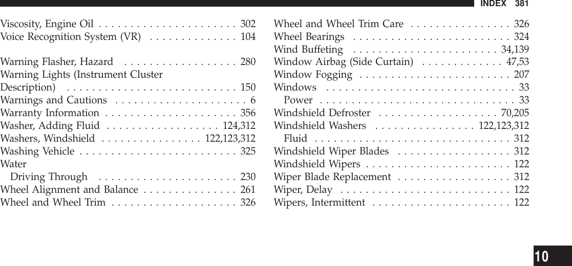 Viscosity, Engine Oil ......................302Voice Recognition System (VR) ..............104Warning Flasher, Hazard ..................280Warning Lights (Instrument ClusterDescription) ...........................150Warnings and Cautions .....................6Warranty Information .....................356Washer, Adding Fluid ..................124,312Washers, Windshield ................122,123,312Washing Vehicle .........................325WaterDriving Through ......................230Wheel Alignment and Balance ...............261Wheel and Wheel Trim ....................326Wheel and Wheel Trim Care ................326Wheel Bearings .........................324Wind Buffeting .......................34,139Window Airbag (Side Curtain) .............47,53Window Fogging ........................207Windows ..............................33Power ...............................33Windshield Defroster ...................70,205Windshield Washers ................122,123,312Fluid ...............................312Windshield Wiper Blades ..................312Windshield Wipers .......................122Wiper Blade Replacement ..................312Wiper, Delay ...........................122Wipers, Intermittent ......................122INDEX 38110