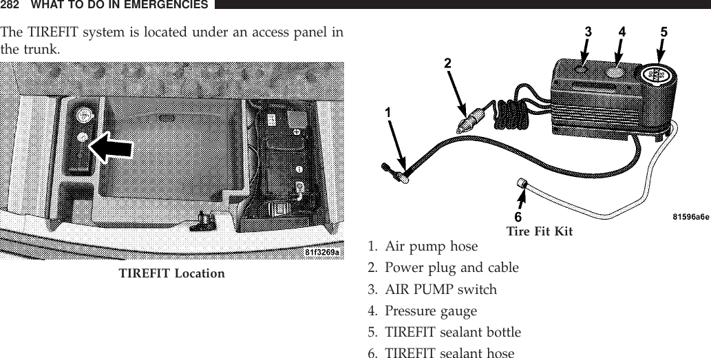 The TIREFIT system is located under an access panel inthe trunk.1. Air pump hose2. Power plug and cable3. AIR PUMP switch4. Pressure gauge5. TIREFIT sealant bottle6. TIREFIT sealant hoseTIREFIT LocationTire Fit Kit282 WHAT TO DO IN EMERGENCIES