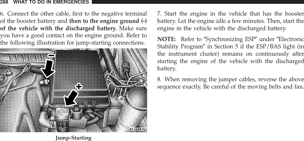 6. Connect the other cable, first to the negative terminalof the booster battery and then to the engine ground (-)of the vehicle with the discharged battery. Make sureyou have a good contact on the engine ground. Refer tothe following illustration for jump-starting connections.7. Start the engine in the vehicle that has the boosterbattery. Let the engine idle a few minutes. Then, start theengine in the vehicle with the discharged battery.NOTE: Refer to 9Synchronizing ESP9under 9ElectronicStability Program9in Section 5 if the ESP/BAS light (inthe instrument cluster) remains on continuously afterstarting the engine of the vehicle with the dischargedbattery.8. When removing the jumper cables, reverse the abovesequence exactly. Be careful of the moving belts and fan.Jump-Starting288 WHAT TO DO IN EMERGENCIES