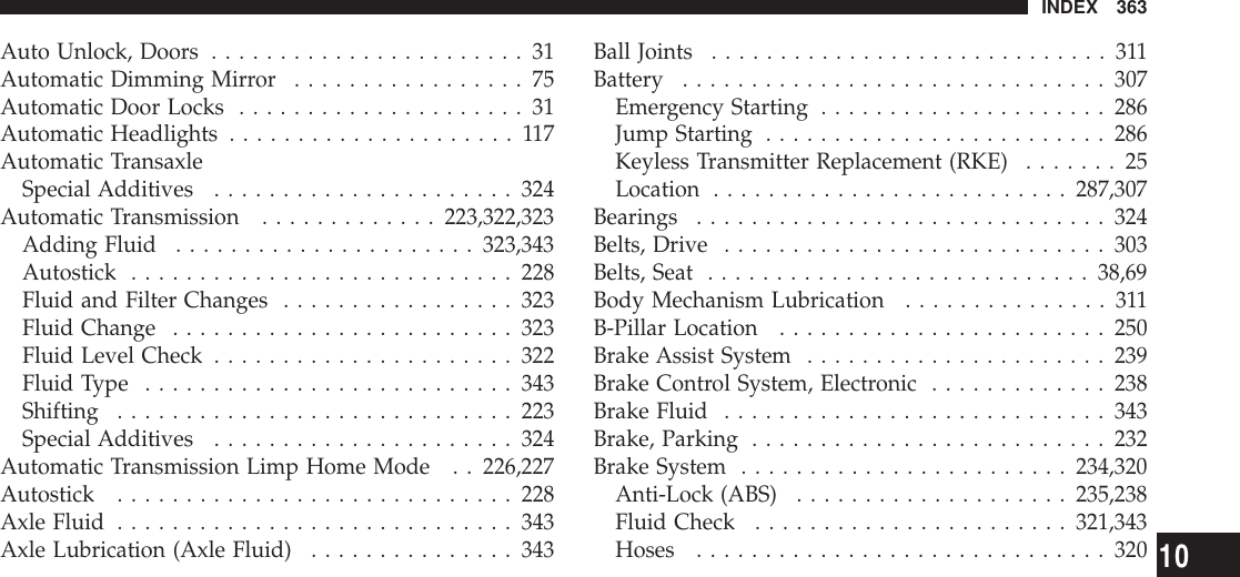 Auto Unlock, Doors .......................31Automatic Dimming Mirror .................75Automatic Door Locks .....................31Automatic Headlights .....................117Automatic TransaxleSpecial Additives ......................324Automatic Transmission .............223,322,323Adding Fluid ......................323,343Autostick ............................228Fluid and Filter Changes .................323Fluid Change .........................323Fluid Level Check ......................322Fluid Type ...........................343Shifting .............................223Special Additives ......................324Automatic Transmission Limp Home Mode . . 226,227Autostick .............................228Axle Fluid .............................343Axle Lubrication (Axle Fluid) ...............343Ball Joints .............................311Battery ...............................307Emergency Starting .....................286Jump Starting .........................286Keyless Transmitter Replacement (RKE) .......25Location ..........................287,307Bearings ..............................324Belts, Drive ............................303Belts, Seat ............................38,69Body Mechanism Lubrication ...............311B-Pillar Location ........................250Brake Assist System ......................239Brake Control System, Electronic .............238Brake Fluid ............................343Brake, Parking ..........................232Brake System ........................234,320Anti-Lock (ABS) ....................235,238Fluid Check .......................321,343Hoses ..............................320INDEX 36310