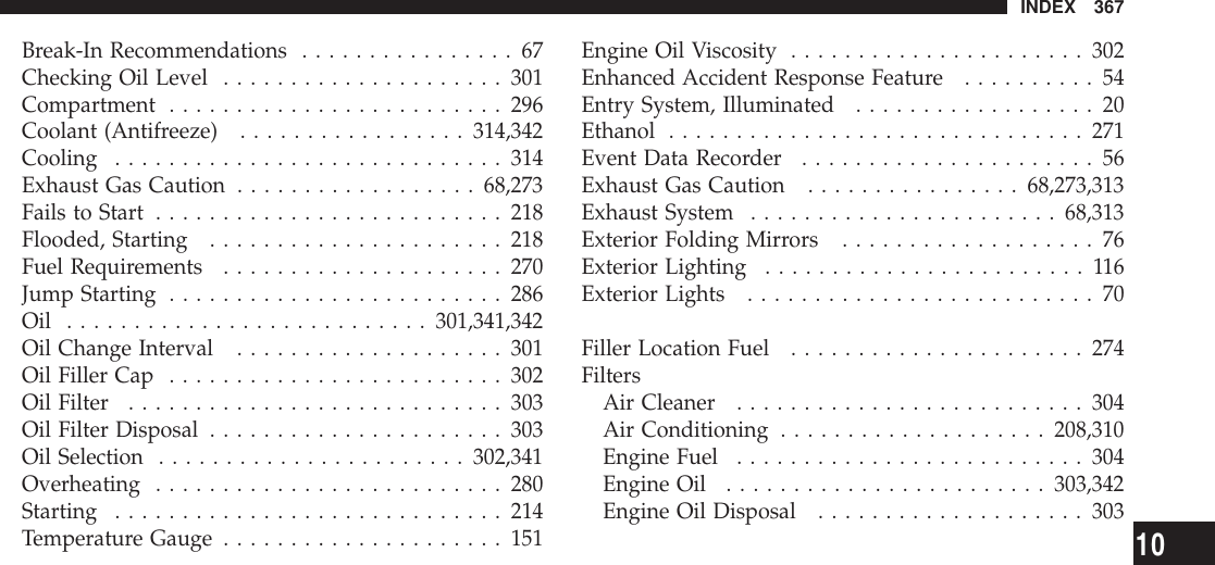 Break-In Recommendations ................67Checking Oil Level .....................301Compartment .........................296Coolant (Antifreeze) .................314,342Cooling .............................314Exhaust Gas Caution ..................68,273Fails to Start ..........................218Flooded, Starting ......................218Fuel Requirements .....................270Jump Starting .........................286Oil ...........................301,341,342Oil Change Interval ....................301Oil Filler Cap .........................302Oil Filter ............................303Oil Filter Disposal ......................303Oil Selection .......................302,341Overheating ..........................280Starting .............................214Temperature Gauge .....................151Engine Oil Viscosity ......................302Enhanced Accident Response Feature ..........54Entry System, Illuminated ..................20Ethanol ...............................271Event Data Recorder ......................56Exhaust Gas Caution ................68,273,313Exhaust System .......................68,313Exterior Folding Mirrors ...................76Exterior Lighting ........................116Exterior Lights ..........................70Filler Location Fuel ......................274FiltersAir Cleaner ..........................304Air Conditioning ....................208,310Engine Fuel ..........................304Engine Oil ........................303,342Engine Oil Disposal ....................303INDEX 36710