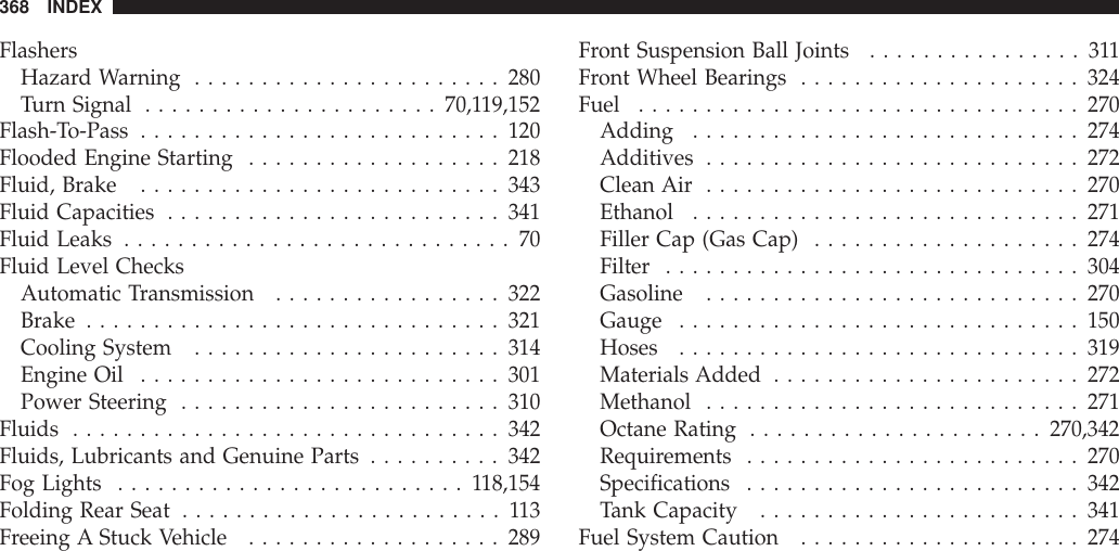 FlashersHazard Warning .......................280Turn Signal ......................70,119,152Flash-To-Pass ...........................120Flooded Engine Starting ...................218Fluid, Brake ...........................343Fluid Capacities .........................341Fluid Leaks .............................70Fluid Level ChecksAutomatic Transmission .................322Brake ...............................321Cooling System .......................314Engine Oil ...........................301Power Steering ........................310Fluids ................................342Fluids, Lubricants and Genuine Parts ..........342Fog Lights ..........................118,154Folding Rear Seat ........................113Freeing A Stuck Vehicle ...................289Front Suspension Ball Joints ................311Front Wheel Bearings .....................324Fuel .................................270Adding .............................274Additives ............................272Clean Air ............................270Ethanol .............................271Filler Cap (Gas Cap) ....................274Filter ...............................304Gasoline ............................270Gauge ..............................150Hoses ..............................319Materials Added .......................272Methanol ............................271Octane Rating ......................270,342Requirements .........................270Specifications .........................342Tank Capacity ........................341Fuel System Caution .....................274368 INDEX
