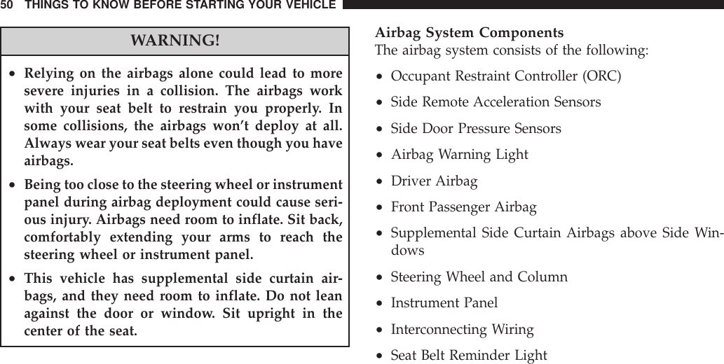 WARNING!•Relying on the airbags alone could lead to moresevere injuries in a collision. The airbags workwith your seat belt to restrain you properly. Insome collisions, the airbags won’t deploy at all.Always wear your seat belts even though you haveairbags.•Being too close to the steering wheel or instrumentpanel during airbag deployment could cause seri-ous injury. Airbags need room to inflate. Sit back,comfortably extending your arms to reach thesteering wheel or instrument panel.•This vehicle has supplemental side curtain air-bags, and they need room to inflate. Do not leanagainst the door or window. Sit upright in thecenter of the seat.Airbag System ComponentsThe airbag system consists of the following:•Occupant Restraint Controller (ORC)•Side Remote Acceleration Sensors•Side Door Pressure Sensors•Airbag Warning Light•Driver Airbag•Front Passenger Airbag•Supplemental Side Curtain Airbags above Side Win-dows•Steering Wheel and Column•Instrument Panel•Interconnecting Wiring•Seat Belt Reminder Light50 THINGS TO KNOW BEFORE STARTING YOUR VEHICLE