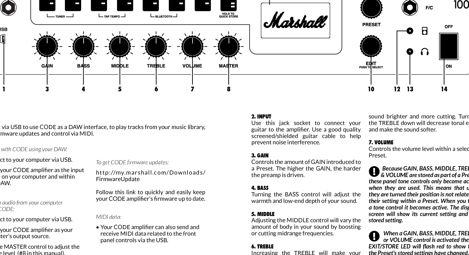 FRONT PANEL FUNCTIONS2 15 16 17 18 19 20 21 221. USBConnect via USB to use CODE as a DAW interface, to play tracks from your music library, to get rmware updates and control via MIDI.ENGLISHTo record with CODE using your DAW:• Connect to your computer via USB.• Select your CODE amplier as the input     source on your computer and within     your DAW. To stream audio from your computer through CODE: • Connect to your computer via USB.• Select your CODE amplier as your     computer’s output source.• Use the MASTER control to adjust the     volume level  (#8 in this manual).To get CODE rmware updates:http://my.marshall.com/Downloads/FirmwareUpdateFollow  this  link  to  quickly  and  easily  keep your CODE amplier’s rmware up to date.MIDI data:   • Your CODE amplier can also send and      receive MIDI data related to the front     panel controls via the USB.2. INPUTUse  this  jack  socket  to  connect  your guitar  to  the  amplier.  Use  a  good  quality screened/shielded  guitar  cable  to  help prevent noise interference.  3. GAINControls the amount of GAIN introduced to a Preset. The  higher the GAIN,  the  harder the preamp is driven.4. BASSTurning  the  BASS  control  will  adjust  the warmth and low-end depth of your sound. 5. MIDDLEAdjusting the MIDDLE control will vary the amount of body in your sound by boosting or cutting midrange frequencies. 6. TREBLEIncreasing  the  TREBLE  will  make  your sound  brighter  and  more  cutting.  Turning the TREBLE down will decrease tonal edge and make the sound softer. 7. VOLUMEControls the volume level within a selected Preset.            Because GAIN, BASS, MIDDLE, TREBLE               &amp; VOLUME are stored as part of a Preset, these panel tone controls only become active when they are used. This means that until they are turned their position is not related to their setting within a Preset. When you turn a tone control it becomes active. The display screen will show its current setting and the stored setting.             When a GAIN, BASS, MIDDLE, TREBLE              or VOLUME control is activated the EXIT/STORE  LED  will  ash  red to  show  that the Preset’s stored settings have changed.10 131 143 4 5 6 1223 11ENGLISH!!7 89