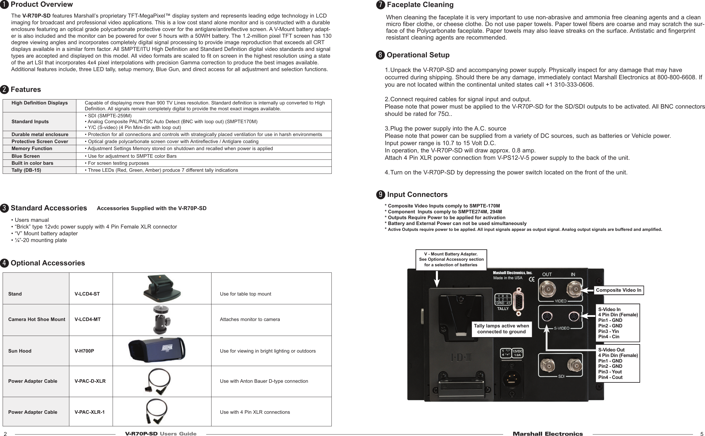Page 2 of 6 - Marshall-Electronic Marshall-Electronic-Tft-Megapixel-Monitor-V-R70P-Sd-Users-Manual- V-R70P-SD Users Guide  Marshall-electronic-tft-megapixel-monitor-v-r70p-sd-users-manual