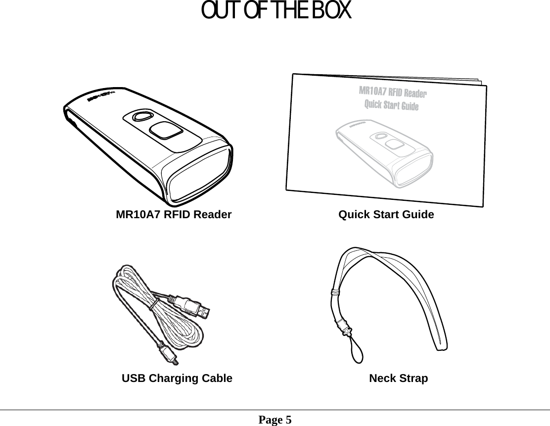 OUT OF THE BOX          MR10A7 RFID Reader     Quick Start Guide           USB Charging Cable      Neck Strap   Page 5               