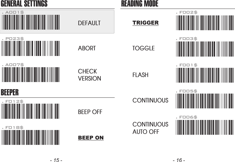 GENERAL SETTINGSBEEPER. P023$. A007$. F012$ABORTCHECKVERSIONBEEP OFF. F018$- 15 -READING MODE. F002$TRIGGERTOGGLEFLASHCONTINUOUSCONTINUOUSAUTO OFF. F003$. F001$. F005$. F006$- 16 -. A001$DEFAULTBEEP ON