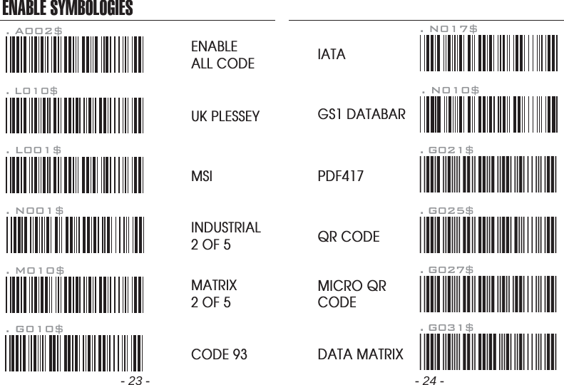 ENABLE SYMBOLOGIESENABLEALL CODE. A002$. L010$UK PLESSEY. L001$MSI. N001$INDUSTRIAL2 OF 5. M010$MATRIX2 OF 5CODE 93. G010$. N017$IATA. N010$GS1 DATABAR- 23 - - 24 -PDF417. G021$*.G021$*QR CODE. G025$*.G025$*MICRO QRCODE. G027$*.G027$*DATA MATRIX. G031$*.G031$*