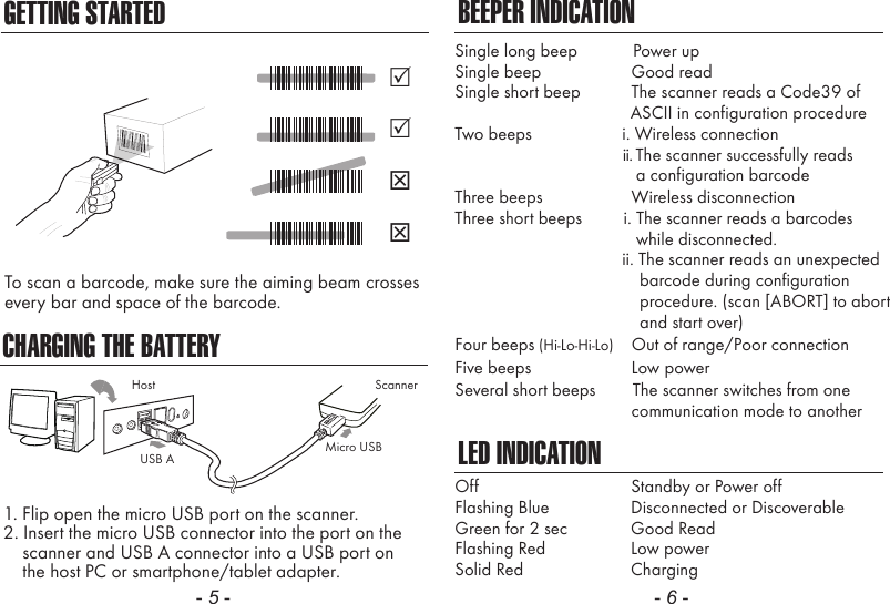 CHARGING THE BATTERY1. Flip open the micro USB port on the scanner.2. Insert the micro USB connector into the port on the    scanner and USB A connector into a USB port on    the host PC or smartphone/tablet adapter.- 5 - - 6 -BEEPER INDICATIONLED INDICATIONSingle long beep            Power upSingle beep               Good readSingle short beep           The scanner reads a Code39 of                                      ASCII in configuration procedureTwo beeps             i. Wireless connection                                             ii. The scanner successfully reads                a configuration barcodeThree beeps               Wireless disconnectionThree short beeps         i. The scanner reads a barcodes                while disconnected.                        ii. The scanner reads an unexpected                                        barcode during configuration                                        procedure. (scan [ABORT] to abort                                        and start over)Several short beeps        The scanner switches from one               communication mode to anotherOffFlashing BlueGreen for 2 secFlashing RedSolid RedStandby or Power offDisconnected or DiscoverableGood ReadLow powerChargingScannerMicro USBUSB AHostGETTING STARTEDTo scan a barcode, make sure the aiming beam crossesevery bar and space of the barcode.Four beeps (Hi-Lo-Hi-Lo)    Out of range/Poor connectionFive beeps               Low power
