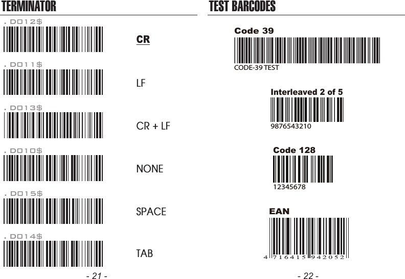 - 21 - - 22 -TERMINATORLFCR + LFNONESPACETAB. D012$CR. D011$. D013$. D010$. D015$. D014$TEST BARCODESEANCode 12812345678Code 39CODE-39 TESTInterleaved 2 of 59876543210