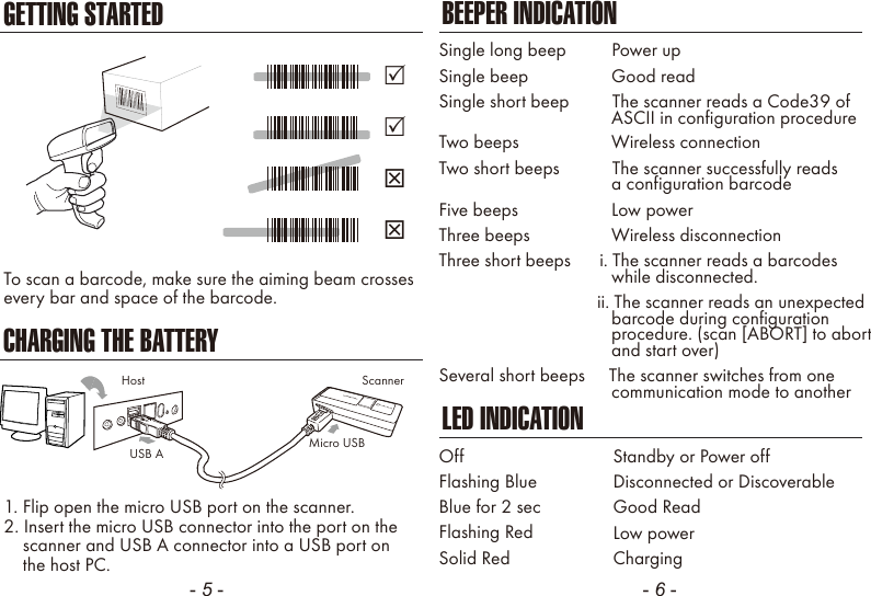 - 5 - - 6 -CHARGING THE BATTERYTo scan a barcode, make sure the aiming beam crossesevery bar and space of the barcode.1. Flip open the micro USB port on the scanner.2. Insert the micro USB connector into the port on the    scanner and USB A connector into a USB port on    the host PC.BEEPER INDICATIONLED INDICATIONSingle long beep          Power upSingle beep              Good readSingle short beep         The scanner reads a Code39 of                                    ASCII in configuration procedureTwo beeps              Wireless connectionTwo short beeps           The scanner successfully reads              a configuration barcodeFive beeps              Low powerThree beeps              Wireless disconnectionThree short beeps      i. The scanner reads a barcodes              while disconnected.                      ii. The scanner reads an unexpected                                    barcode during configuration                                    procedure. (scan [ABORT] to abort                                    and start over)Several short beeps     The scanner switches from one              communication mode to anotherOffFlashing BlueBlue for 2 secFlashing RedSolid RedStandby or Power offDisconnected or DiscoverableGood ReadLow powerChargingScannerMicro USBUSB AHostGETTING STARTED
