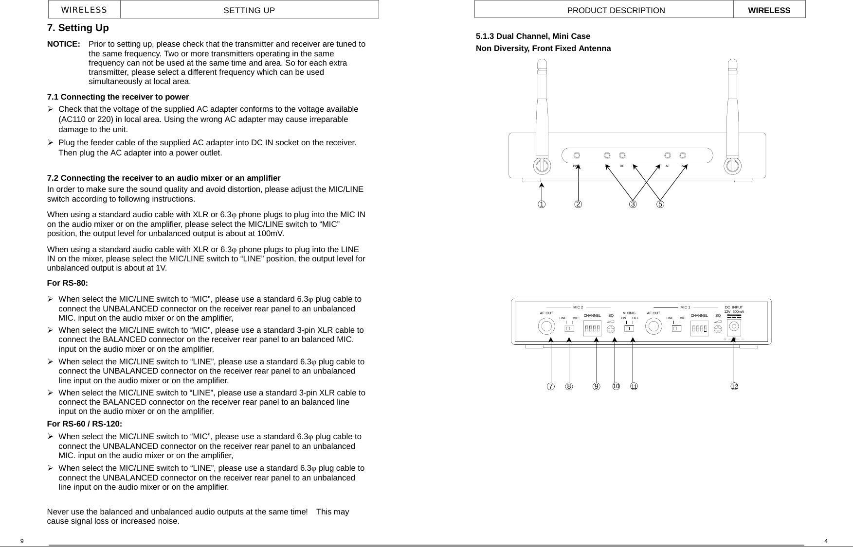 LINEAF OUT CHANNELMIC 2MIC SQ MIXINGON OFFAF OUTMIC 1LINE MIC CHANNELDC  INPUT12V  500mASQPWR AF RF AF RFWIRELESS  SETTING UP 9  4 PRODUCT DESCRIPTION WIRELESS 5.1.3 Dual Channel, Mini Case   Non Diversity, Front Fixed Antenna   7. Setting Up NOTICE:  Prior to setting up, please check that the transmitter and receiver are tuned tothe same frequency. Two or more transmitters operating in the same frequency can not be used at the same time and area. So for each extra transmitter, please select a different frequency which can be used simultaneously at local area. 7.1 Connecting the receiver to power  Check that the voltage of the supplied AC adapter conforms to the voltage available (AC110 or 220) in local area. Using the wrong AC adapter may cause irreparable damage to the unit.  Plug the feeder cable of the supplied AC adapter into DC IN socket on the receiver.   Then plug the AC adapter into a power outlet.  7.2 Connecting the receiver to an audio mixer or an amplifier In order to make sure the sound quality and avoid distortion, please adjust the MIC/LINE switch according to following instructions.   When using a standard audio cable with XLR or 6.3ϕ phone plugs to plug into the MIC INon the audio mixer or on the amplifier, please select the MIC/LINE switch to “MIC” position, the output level for unbalanced output is about at 100mV. When using a standard audio cable with XLR or 6.3ϕ phone plugs to plug into the LINE IN on the mixer, please select the MIC/LINE switch to “LINE” position, the output level for unbalanced output is about at 1V. For RS-80:    When select the MIC/LINE switch to “MIC”, please use a standard 6.3ϕ plug cable to connect the UNBALANCED connector on the receiver rear panel to an unbalanced MIC. input on the audio mixer or on the amplifier,    When select the MIC/LINE switch to “MIC”, please use a standard 3-pin XLR cable to connect the BALANCED connector on the receiver rear panel to an balanced MIC. input on the audio mixer or on the amplifier.    When select the MIC/LINE switch to “LINE”, please use a standard 6.3ϕ plug cable to connect the UNBALANCED connector on the receiver rear panel to an unbalanced line input on the audio mixer or on the amplifier.    When select the MIC/LINE switch to “LINE”, please use a standard 3-pin XLR cable toconnect the BALANCED connector on the receiver rear panel to an balanced line input on the audio mixer or on the amplifier.   For RS-60 / RS-120:  When select the MIC/LINE switch to “MIC”, please use a standard 6.3ϕ plug cable to connect the UNBALANCED connector on the receiver rear panel to an unbalanced MIC. input on the audio mixer or on the amplifier,    When select the MIC/LINE switch to “LINE”, please use a standard 6.3ϕ plug cable to connect the UNBALANCED connector on the receiver rear panel to an unbalanced line input on the audio mixer or on the amplifier.    Never use the balanced and unbalanced audio outputs at the same time!    This may cause signal loss or increased noise. 12 8  9  10 7  11 1  2  3  5 