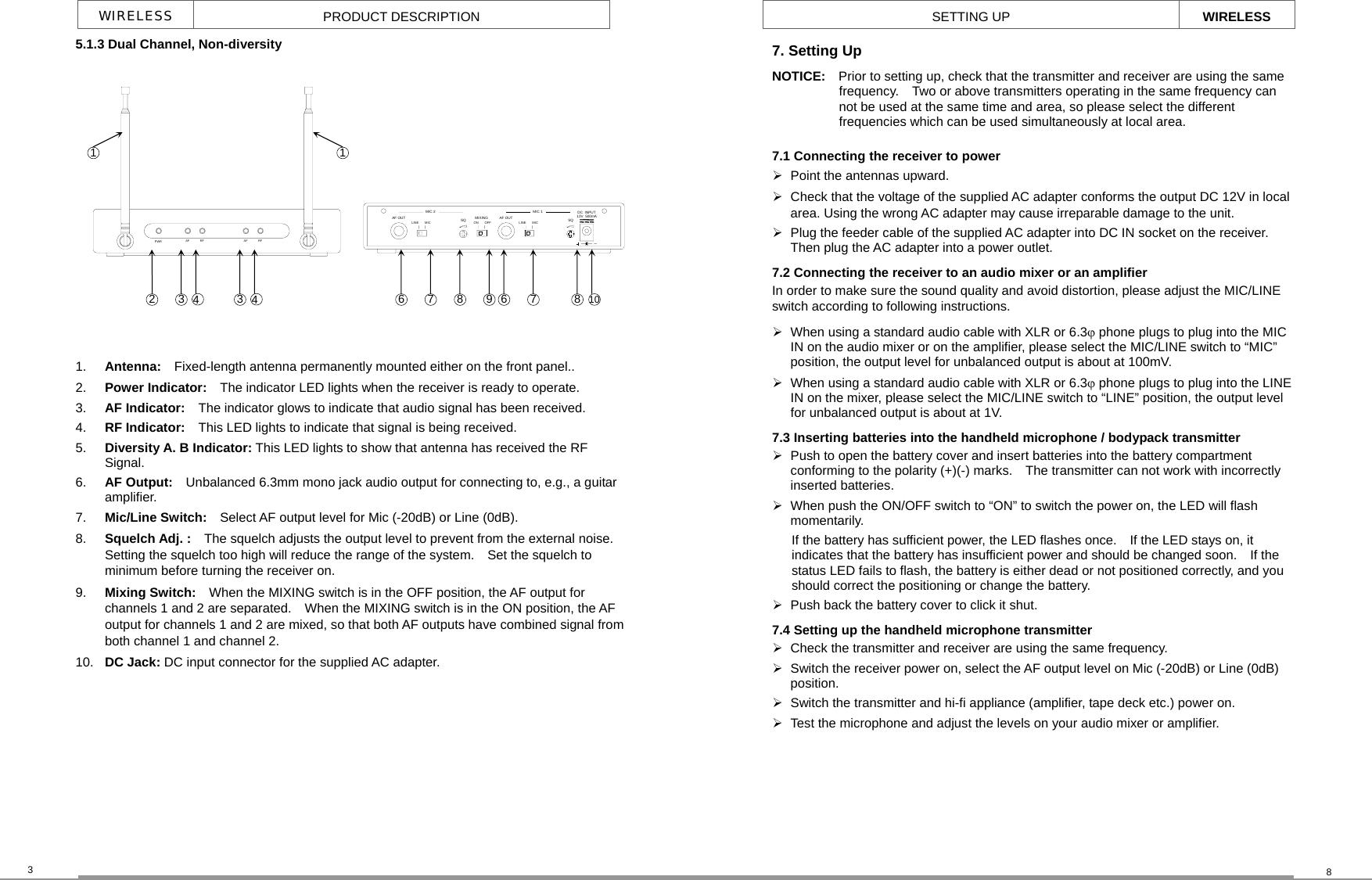 RFPWR AF AF RFAF OUTLINEMIXINGONMICMIC 2SQ AF OUTOFF LINE12V  500mADC  INPUTMIC 1MIC SQSETTING UP  WIRELESS 3  8 WIRELESS  PRODUCT DESCRIPTION 5.1.3 Dual Channel, Non-diversity 1.  Antenna:    Fixed-length antenna permanently mounted either on the front panel.. 2.  Power Indicator:    The indicator LED lights when the receiver is ready to operate. 3.  AF Indicator:    The indicator glows to indicate that audio signal has been received. 4.  RF Indicator:    This LED lights to indicate that signal is being received.   5.  Diversity A. B Indicator: This LED lights to show that antenna has received the RF Signal. 6.  AF Output:    Unbalanced 6.3mm mono jack audio output for connecting to, e.g., a guitar amplifier. 7.  Mic/Line Switch:    Select AF output level for Mic (-20dB) or Line (0dB). 8.  Squelch Adj. :    The squelch adjusts the output level to prevent from the external noise.   Setting the squelch too high will reduce the range of the system.    Set the squelch to minimum before turning the receiver on. 9.  Mixing Switch:    When the MIXING switch is in the OFF position, the AF output for channels 1 and 2 are separated.    When the MIXING switch is in the ON position, the AF output for channels 1 and 2 are mixed, so that both AF outputs have combined signal from both channel 1 and channel 2.   10.  DC Jack: DC input connector for the supplied AC adapter.  1 6 4  10 7 6 2  3  8 1 4 3  7  8 9 7. Setting UpNOTICE:  Prior to setting up, check that the transmitter and receiver are using the same frequency.    Two or above transmitters operating in the same frequency can not be used at the same time and area, so please select the different frequencies which can be used simultaneously at local area. 7.1 Connecting the receiver to power   Point the antennas upward.   Check that the voltage of the supplied AC adapter conforms the output DC 12V in local area. Using the wrong AC adapter may cause irreparable damage to the unit.   Plug the feeder cable of the supplied AC adapter into DC IN socket on the receiver.   Then plug the AC adapter into a power outlet. 7.2 Connecting the receiver to an audio mixer or an amplifier In order to make sure the sound quality and avoid distortion, please adjust the MIC/LINE switch according to following instructions.     When using a standard audio cable with XLR or 6.3ϕ phone plugs to plug into the MIC IN on the audio mixer or on the amplifier, please select the MIC/LINE switch to “MIC” position, the output level for unbalanced output is about at 100mV.   When using a standard audio cable with XLR or 6.3ϕ phone plugs to plug into the LINE IN on the mixer, please select the MIC/LINE switch to “LINE” position, the output level for unbalanced output is about at 1V. 7.3 Inserting batteries into the handheld microphone / bodypack transmitter   Push to open the battery cover and insert batteries into the battery compartment conforming to the polarity (+)(-) marks.    The transmitter can not work with incorrectly inserted batteries.   When push the ON/OFF switch to “ON” to switch the power on, the LED will flash momentarily. If the battery has sufficient power, the LED flashes once.    If the LED stays on, it indicates that the battery has insufficient power and should be changed soon.    If the status LED fails to flash, the battery is either dead or not positioned correctly, and you should correct the positioning or change the battery.   Push back the battery cover to click it shut. 7.4 Setting up the handheld microphone transmitter   Check the transmitter and receiver are using the same frequency.   Switch the receiver power on, select the AF output level on Mic (-20dB) or Line (0dB) position.    Switch the transmitter and hi-fi appliance (amplifier, tape deck etc.) power on.   Test the microphone and adjust the levels on your audio mixer or amplifier.  