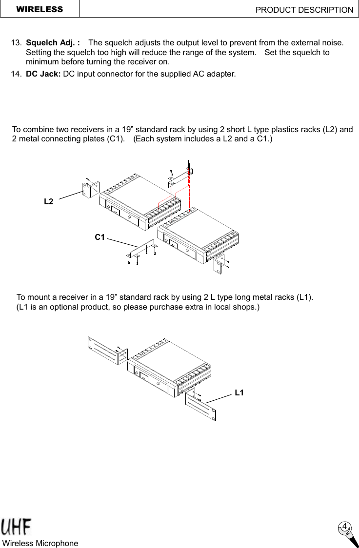 To mount a receiver in a 19” standard rack by using 2 L type long metal racks (L1).   (L1 is an optional product, so please purchase extra in local shops.) To combine two receivers in a 19” standard rack by using 2 short L type plastics racks (L2) and 2 metal connecting plates (C1).  (Each system includes a L2 and a C1.) L1 L2 C1 4 Wireless Microphone   WIRELESS                                             PRODUCT DESCRIPTION  13. Squelch Adj. :  The squelch adjusts the output level to prevent from the external noise.  Setting the squelch too high will reduce the range of the system.  Set the squelch to minimum before turning the receiver on. 14.  DC Jack: DC input connector for the supplied AC adapter.  