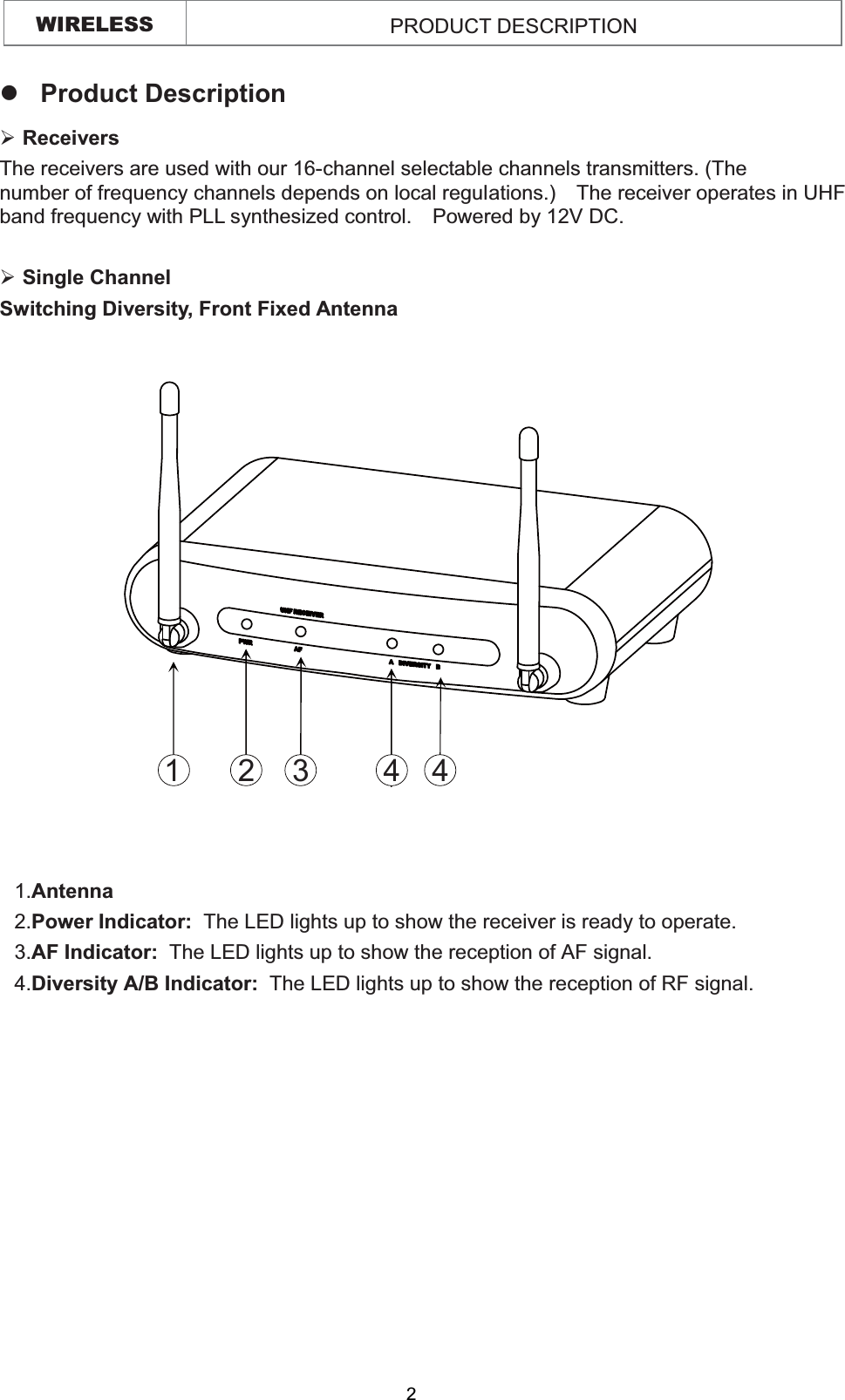 WIRELESS  PRODUCT DESCRIPTION zProduct Description ¾  Receivers The receivers are used with our 16-channel selectable channels transmitters. (The number of frequency channels depends on local regulations.)    The receiver operates in UHF band frequency with PLL synthesized control.    Powered by 12V DC.    !¾  Single ChannelSwitching Diversity, Front Fixed Antenna   1 2 3 441.Antenna 2.Power Indicator:  The LED lights up to show the receiver is ready to operate. 3.AF Indicator:  The LED lights up to show the reception of AF signal.4.Diversity A/B Indicator:  The LED lights up to show the reception of RF signal. 2