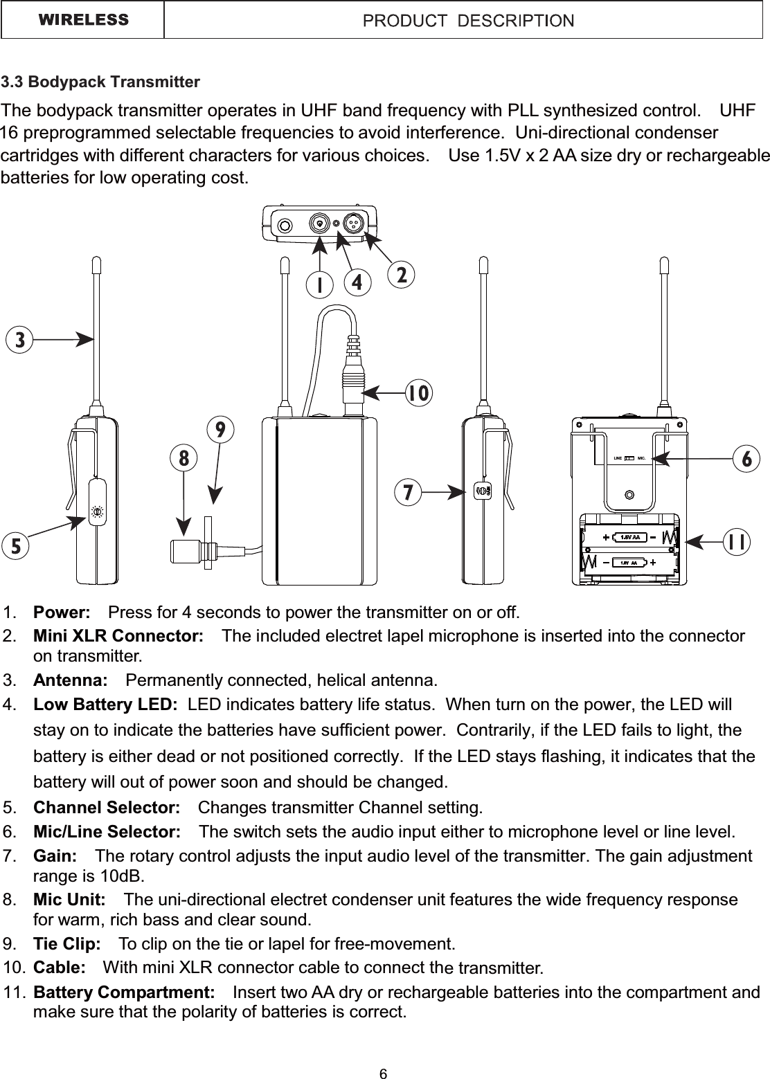 1. Power: Press for 4 seconds to power the transmitter on or off.2. Mini XLR Connector: The included electret lapel microphone is inserted into the connectoron transmitter.3. Antenna: Permanently connected, helical antenna.4. Low Battery LED:  LED indicates battery life status.  When turn on the power, the LED will stay on to indicate the batteries have sufficient power.  Contrarily, if the LED fails to light, the battery is either dead or not positioned correctly.  If the LED stays flashing, it indicates that the battery will out of power soon and should be changed.5. Channel Selector: Changes transmitter Channel setting.6. Mic/Line Selector: The switch sets the audio input either to microphone level or line level.7. Gain: The rotary control adjusts the input audio level of the transmitter. The gain adjustment range is 10dB.8. Mic Unit: The uni-directional electret condenser unit features the wide frequency responsefor warm, rich bass and clear sound.9. Tie Clip: To clip on the tie or lapel for free-movement.10. Cable: With mini XLR connector cable to connect the transmitter.11. Battery Compartment: Insert two AA dry or rechargeable batteries into the compartment andmake sure that the polarity of batteries is correct.3.3 Bodypack Transmitter The bodypack transmitter operates in UHF band frequency with PLL synthesized control.    UHF 16 preprogrammed selectable frequencies to avoid interference.  Uni-directional condensercartridges with different characters for various choices.    Use 1.5V x 2 AA size dry or rechargeablebatteries for low operating cost. 6LINE MIC.