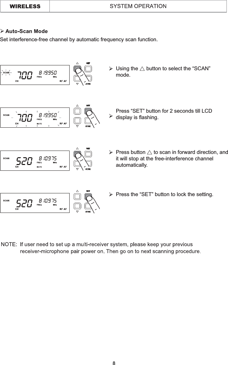 Set interference-free channel by automatic frequency scan function.¾8Using the Ɇ button to select the “SCAN” mode.¾Press “SET” button for 2 seconds till LCD display is flashing.¾Press button Ɇ to scan in forward direction, and it will stop at the free-interference channel automatically. ¾Press the “SET” button to lock the setting. ¾