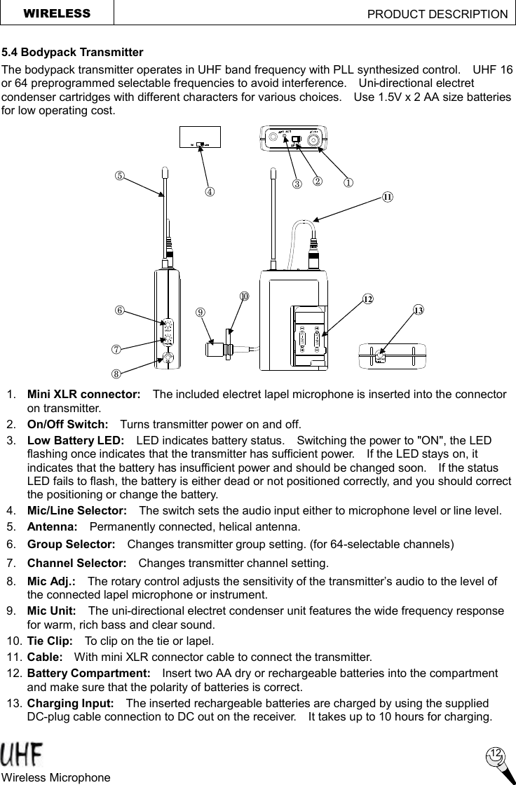 WIRELESS                                             PRODUCT DESCRIPTION  5.4 Bodypack Transmitter The bodypack transmitter operates in UHF band frequency with PLL synthesized control.  UHF 16 or 64 preprogrammed selectable frequencies to avoid interference.  Uni-directional electret condenser cartridges with different characters for various choices.  Use 1.5V x 2 AA size batteries for low operating cost.  1. Mini XLR connector:  The included electret lapel microphone is inserted into the connector on transmitter. 2.  On/Off Switch:  Turns transmitter power on and off. 3.  Low Battery LED:   LED indicates battery status.  Switching the power to &quot;ON&quot;, the LED flashing once indicates that the transmitter has sufficient power.  If the LED stays on, it indicates that the battery has insufficient power and should be changed soon.  If the status LED fails to flash, the battery is either dead or not positioned correctly, and you should correct the positioning or change the battery. 4.  Mic/Line Selector:   The switch sets the audio input either to microphone level or line level. 5.  Antenna:  Permanently connected, helical antenna. 6.  Group Selector:  Changes transmitter group setting. (for 64-selectable channels) 7.  Channel Selector:  Changes transmitter channel setting.   8.  Mic Adj.:  The rotary control adjusts the sensitivity of the transmitter’s audio to the level of the connected lapel microphone or instrument. 9.  Mic Unit:  The uni-directional electret condenser unit features the wide frequency response for warm, rich bass and clear sound. 10. Tie Clip:  To clip on the tie or lapel. 11. Cable:  With mini XLR connector cable to connect the transmitter. 12. Battery Compartment:  Insert two AA dry or rechargeable batteries into the compartment and make sure that the polarity of batteries is correct. 13. Charging Input:  The inserted rechargeable batteries are charged by using the supplied DC-plug cable connection to DC out on the receiver.    It takes up to 10 hours for charging.    ¬ - ® ¯ ° ± ² ³ ´ µ 12 13 11 Wireless Microphone  12 