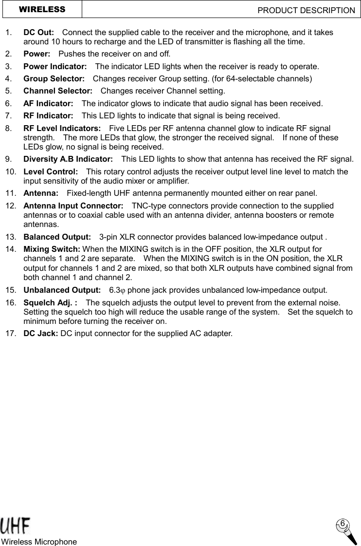 1. DC Out:  Connect the supplied cable to the receiver and the microphone, and it takes around 10 hours to recharge and the LED of transmitter is flashing all the time. 2.  Power:  Pushes the receiver on and off. 3.  Power Indicator:   The indicator LED lights when the receiver is ready to operate. 4.  Group Selector:  Changes receiver Group setting. (for 64-selectable channels) 5.  Channel Selector:   Changes receiver Channel setting. 6.  AF Indicator:  The indicator glows to indicate that audio signal has been received. 7.  RF Indicator:  This LED lights to indicate that signal is being received. 8.  RF Level Indicators:  Five LEDs per RF antenna channel glow to indicate RF signal strength.  The more LEDs that glow, the stronger the received signal.  If none of these LEDs glow, no signal is being received. 9.  Diversity A.B Indicator:  This LED lights to show that antenna has received the RF signal. 10.  Level Control:  This rotary control adjusts the receiver output level line level to match the input sensitivity of the audio mixer or amplifier. 11.  Antenna:  Fixed-length UHF antenna permanently mounted either on rear panel. 12.  Antenna Input Connector:  TNC-type connectors provide connection to the supplied antennas or to coaxial cable used with an antenna divider, antenna boosters or remote antennas. 13.  Balanced Output:  3-pin XLR connector provides balanced low-impedance output . 14.  Mixing Switch: When the MIXING switch is in the OFF position, the XLR output for channels 1 and 2 are separate.  When the MIXING switch is in the ON position, the XLR output for channels 1 and 2 are mixed, so that both XLR outputs have combined signal from both channel 1 and channel 2. 15.  Unbalanced Output:  6.3j phone jack provides unbalanced low-impedance output. 16.  Squelch Adj. :  The squelch adjusts the output level to prevent from the external noise.  Setting the squelch too high will reduce the usable range of the system.  Set the squelch to minimum before turning the receiver on. 17.  DC Jack: DC input connector for the supplied AC adapter.  WIRELESS                                             PRODUCT DESCRIPTION  6 Wireless Microphone   