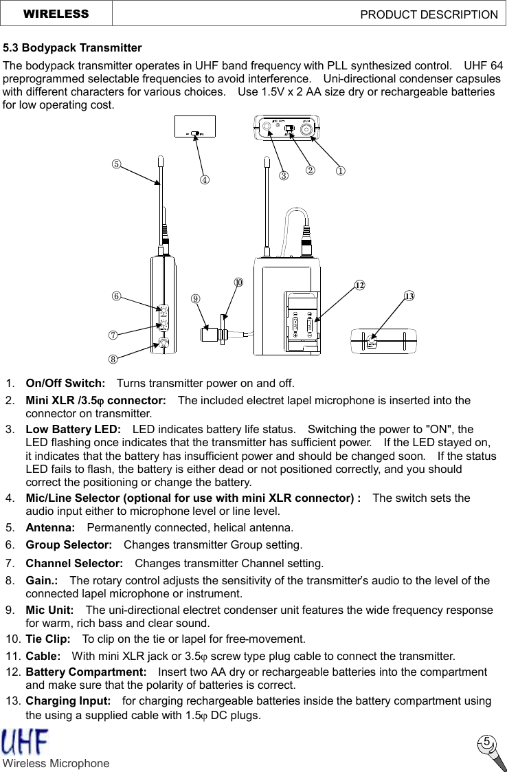   WIRELESS                                             PRODUCT DESCRIPTION  5 5.3 Bodypack Transmitter The bodypack transmitter operates in UHF band frequency with PLL synthesized control.  UHF 64 preprogrammed selectable frequencies to avoid interference.  Uni-directional condenser capsules with different characters for various choices.  Use 1.5V x 2 AA size dry or rechargeable batteries for low operating cost.  1. On/Off Switch:  Turns transmitter power on and off. 2.  Mini XLR /3.5j connector:  The included electret lapel microphone is inserted into the connector on transmitter. 3.  Low Battery LED:   LED indicates battery life status.  Switching the power to &quot;ON&quot;, the LED flashing once indicates that the transmitter has sufficient power.  If the LED stayed on, it indicates that the battery has insufficient power and should be changed soon.  If the status LED fails to flash, the battery is either dead or not positioned correctly, and you should correct the positioning or change the battery. 4.  Mic/Line Selector (optional for use with mini XLR connector) :   The switch sets the audio input either to microphone level or line level. 5.  Antenna:  Permanently connected, helical antenna. 6.  Group Selector:  Changes transmitter Group setting. 7.  Channel Selector:  Changes transmitter Channel setting.   8.  Gain.:  The rotary control adjusts the sensitivity of the transmitter’s audio to the level of the connected lapel microphone or instrument. 9.  Mic Unit:  The uni-directional electret condenser unit features the wide frequency response for warm, rich bass and clear sound. 10. Tie Clip:  To clip on the tie or lapel for free-movement. 11. Cable:  With mini XLR jack or 3.5j screw type plug cable to connect the transmitter. 12. Battery Compartment:  Insert two AA dry or rechargeable batteries into the compartment and make sure that the polarity of batteries is correct. 13. Charging Input:  for charging rechargeable batteries inside the battery compartment using the using a supplied cable with 1.5j DC plugs.     Wireless Microphone   ¬ - ® ¯ ° ± ² ³ ´ µ 12 13 