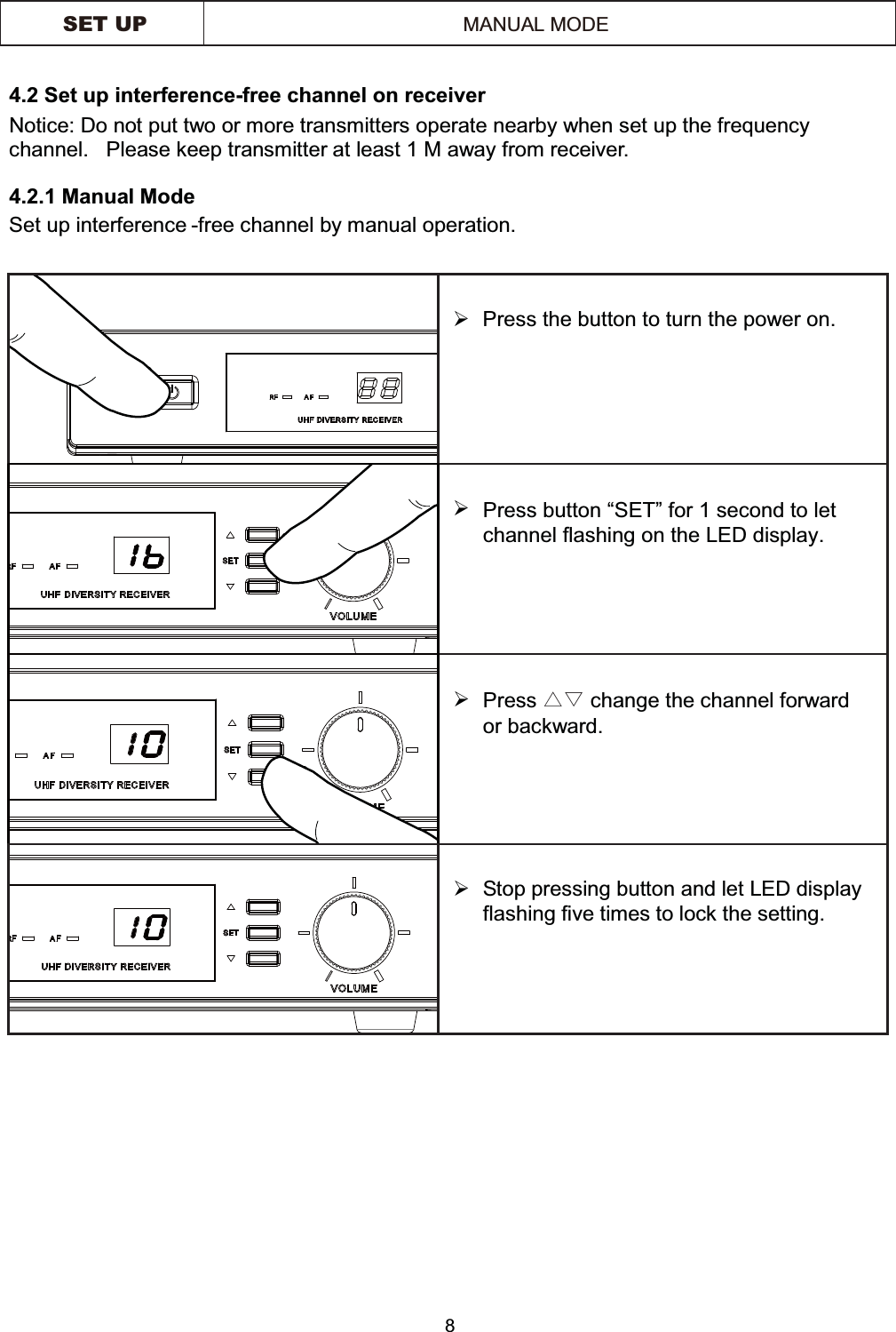 4.2 Set up interference-free channel on receiver Notice: Do not put two or more transmitters operate nearby when   set up the frequency channel.   Please keep transmitter at least 1 M away from receiver.  Set up interference -free channel by manual operation.     ¾  Press the button to turn the power on. ¾ ¾¾  Stop pressing button and let LED display flashing five times to lock the setting.8Press △▽ change the channel forward or backward. Press button “SET” for 1 second to let channel flashing on the LED display. SET UP MANUAL MODE4.2.1 Manual Mode