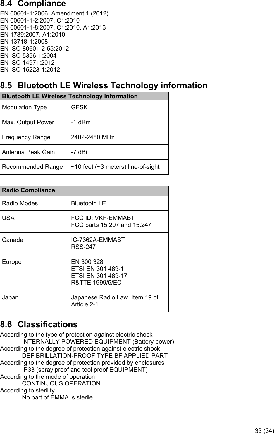     33 (34) 8.4  Compliance EN 60601-1:2006, Amendment 1 (2012) EN 60601-1-2:2007, C1:2010 EN 60601-1-8:2007, C1:2010, A1:2013 EN 1789:2007, A1:2010 EN 13718-1:2008 EN ISO 80601-2-55:2012 EN ISO 5356-1:2004 EN ISO 14971:2012 EN ISO 15223-1:2012 8.5  Bluetooth LE Wireless Technology information Bluetooth LE Wireless Technology Information Modulation Type  GFSK Max. Output Power  -1 dBm Frequency Range  2402-2480 MHz Antenna Peak Gain  -7 dBi Recommended Range  ~10 feet (~3 meters) line-of-sight  Radio Compliance Radio Modes  Bluetooth LE USA  FCC ID: VKF-EMMABT FCC parts 15.207 and 15.247 Canada  IC-7362A-EMMABT RSS-247 Europe  EN 300 328 ETSI EN 301 489-1 ETSI EN 301 489-17 R&amp;TTE 1999/5/EC Japan  Japanese Radio Law, Item 19 of Article 2-1 8.6  Classifications According to the type of protection against electric shock    INTERNALLY POWERED EQUIPMENT (Battery power) According to the degree of protection against electric shock   DEFIBRILLATION-PROOF TYPE BF APPLIED PART According to the degree of protection provided by enclosures   IP33 (spray proof and tool proof EQUIPMENT) According to the mode of operation   CONTINUOUS OPERATION According to sterility   No part of EMMA is sterile