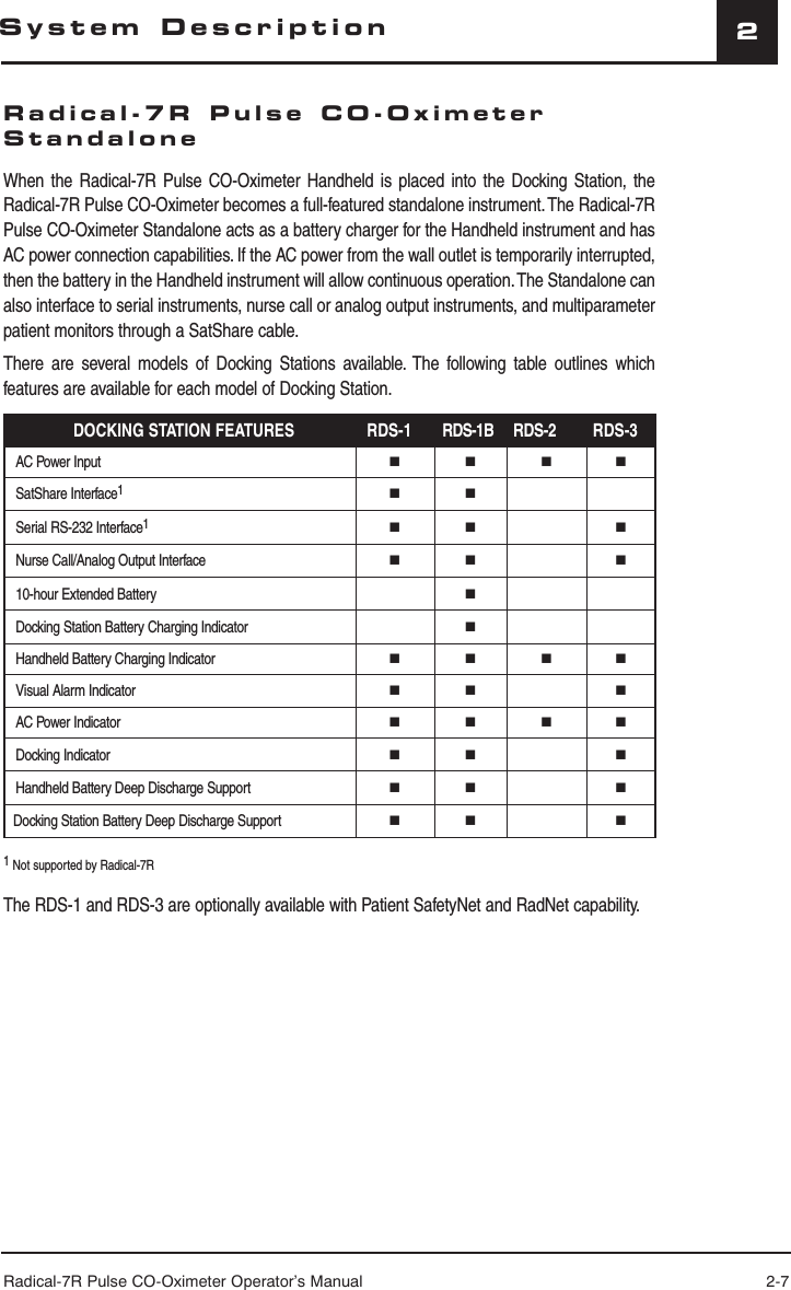 Radical-7R Pulse CO-Oximeter Operator’s Manual 2-72System DescriptionRadical-7R Pulse CO-Oximeter StandaloneWhen the Radical-7R Pulse CO-Oximeter Handheld is placed into the Docking Station, the Radical-7R Pulse CO-Oximeter becomes a full-featured standalone instrument. The Radical-7R Pulse CO-Oximeter Standalone acts as a battery charger for the Handheld instrument and has AC power connection capabilities. If the AC power from the wall outlet is temporarily interrupted, then the battery in the Handheld instrument will allow continuous operation. The Standalone can also interface to serial instruments, nurse call or analog output instruments, and multiparameter patient monitors through a SatShare cable.There are several models of Docking Stations available. The following table outlines which features are available for each model of Docking Station.DOCKING STATION FEATURES RDS-1 RDS-1B RDS-2 RDS-3AC Power Input SatShare Interface1Serial RS-232 Interface1 Nurse Call/Analog Output Interface  10-hour Extended Battery Docking Station Battery Charging Indicator Handheld Battery Charging Indicator Visual Alarm Indicator  AC Power Indicator Docking Indicator  Handheld Battery Deep Discharge Support  Docking Station Battery Deep Discharge Support  1 Not supported by Radical-7RThe RDS-1 and RDS-3 are optionally available with Patient SafetyNet and RadNet capability. 