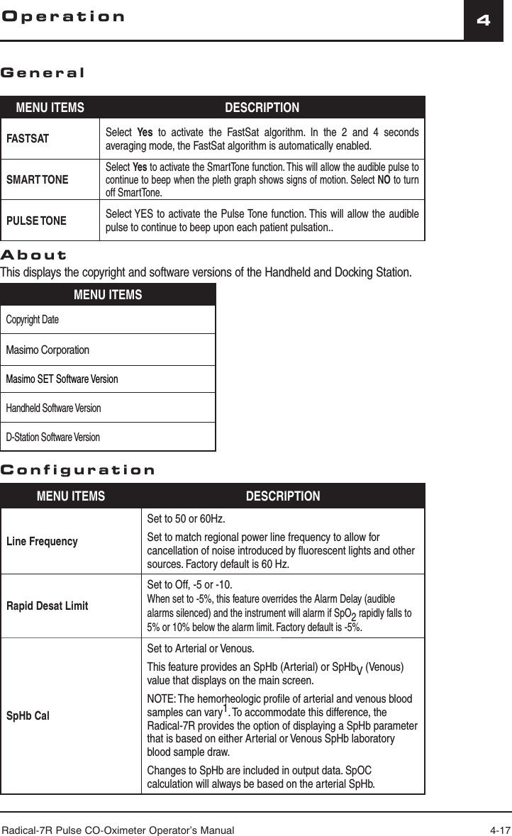 Radical-7R Pulse CO-Oximeter Operator’s Manual 4-174GeneralMENU ITEMS DESCRIPTIONFASTSATSelect  Yes to activate the FastSat algorithm. In the 2 and 4 seconds averaging mode, the FastSat algorithm is automatically enabled.SMART TONESelect Ye s to activate the SmartTone function. This will allow the audible pulse to continue to beep when the pleth graph shows signs of motion. Select NO to turn off SmartTone.PULSE TONESelect YES to activate the Pulse Tone function. This will allow the audible pulse to continue to beep upon each patient pulsation..AboutThis displays the copyright and software versions of the Handheld and Docking Station.MENU ITEMSCopyright DateMasimo CorporationMasimo SET Software VersionHandheld Software VersionD-Station Software VersionConfigurationMENU ITEMS DESCRIPTIONLine FrequencySet to 50 or 60Hz.Set to match regional power line frequency to allow for cancellation of noise introduced by ﬂ uorescent lights and other sources. Factory default is 60 Hz.Rapid Desat LimitSet to Off, -5 or -10.When set to -5%, this feature overrides the Alarm Delay (audible alarms silenced) and the instrument will alarm if SpO2 rapidly falls to 5% or 10% below the alarm limit. Factory default is -5%.SpHb CalSet to Arterial or Venous.This feature provides an SpHb (Arterial) or SpHbV (Venous) value that displays on the main screen.NOTE: The hemorheologic proﬁ le of arterial and venous blood samples can vary1. To accommodate this difference, the Radical-7R provides the option of displaying a SpHb parameter that is based on either Arterial or Venous SpHb laboratory blood sample draw. Changes to SpHb are included in output data. SpOC calculation will always be based on the arterial SpHb.Operation