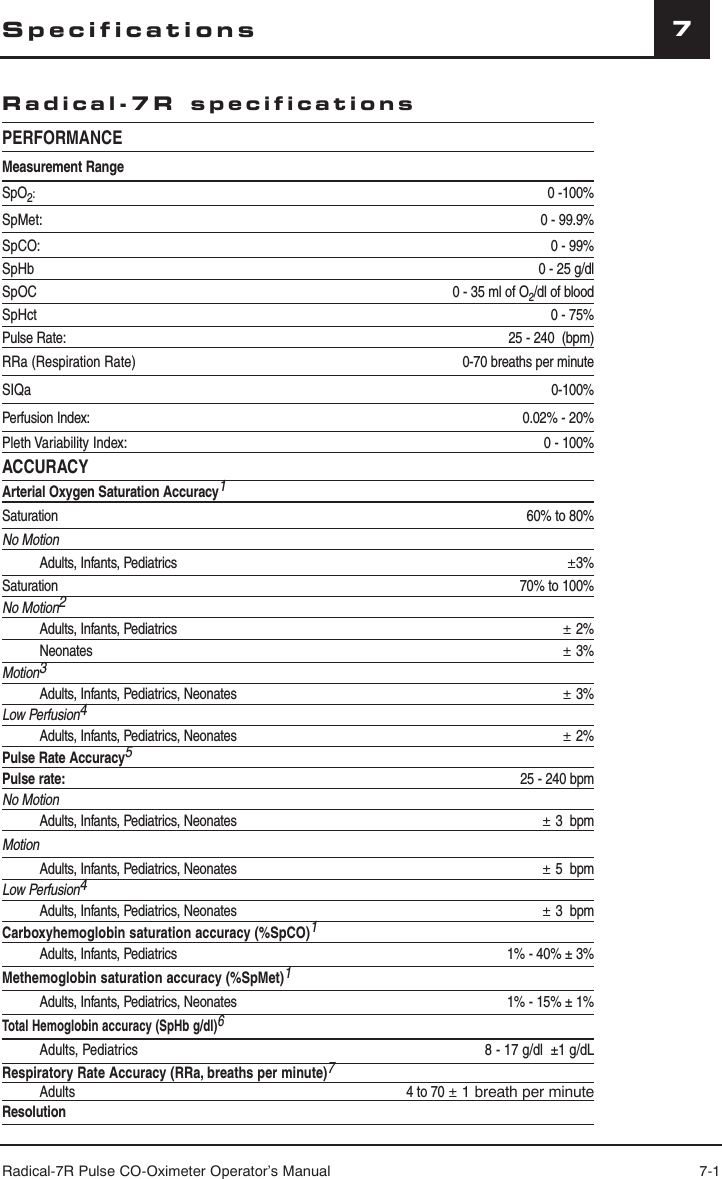 Radical-7R Pulse CO-Oximeter Operator’s Manual 7-17SpecificationsRadical-7R specificationsPERFORMANCEMeasurement RangeSpO2: 0 -100%SpMet: 0 - 99.9%SpCO: 0 - 99% SpHb 0 - 25 g/dlSpOC 0 - 35 ml of O2/dl of bloodSpHct 0 - 75%Pulse Rate: 25 - 240  (bpm) RRa (Respiration Rate) 0-70 breaths per minuteSIQa 0-100%Perfusion Index: 0.02% - 20%Pleth Variability Index: 0 - 100%ACCURACYArterial Oxygen Saturation Accuracy1Saturation 60% to 80%No MotionAdults, Infants, Pediatrics ±3%Saturation 70% to 100%No Motion2Adults, Infants, Pediatrics ± 2%Neonates ± 3%Motion3Adults, Infants, Pediatrics, Neonates ± 3%Low Perfusion4Adults, Infants, Pediatrics, Neonates ± 2%Pulse Rate Accuracy5Pulse rate: 25 - 240 bpmNo MotionAdults, Infants, Pediatrics, Neonates ± 3  bpmMotionAdults, Infants, Pediatrics, Neonates ± 5  bpmLow Perfusion4Adults, Infants, Pediatrics, Neonates ± 3  bpmCarboxyhemoglobin saturation accuracy (%SpCO)1Adults, Infants, Pediatrics 1% - 40% ± 3% Methemoglobin saturation accuracy (%SpMet)1Adults, Infants, Pediatrics, Neonates 1% - 15% ± 1%Total Hemoglobin accuracy (SpHb g/dl)6Adults, Pediatrics 8 - 17 g/dl  ±1 g/dLRespiratory Rate Accuracy (RRa, breaths per minute)7Adults 4 to 70 ± 1 breath per minuteResolution