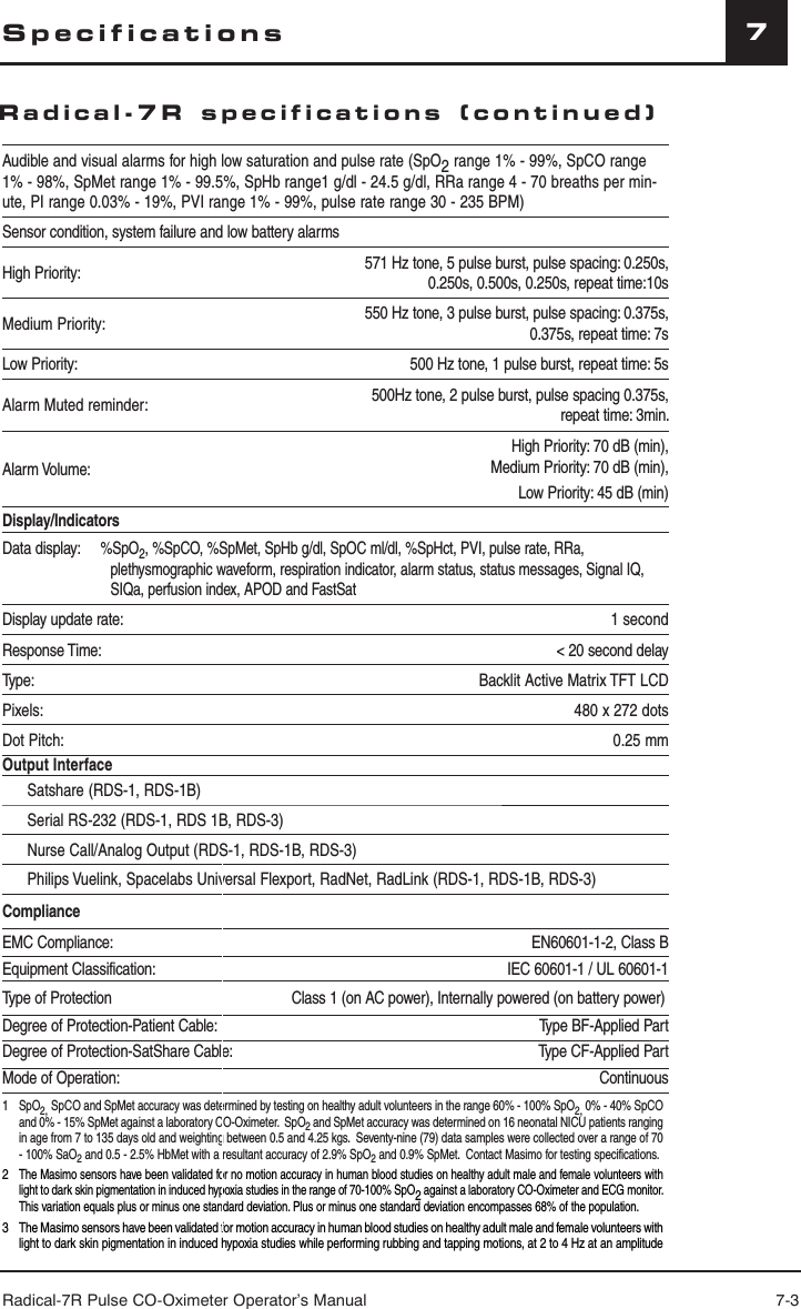 Radical-7R Pulse CO-Oximeter Operator’s Manual 7-37SpecificationsAudible and visual alarms for high low saturation and pulse rate (SpO2 range 1% - 99%, SpCO range 1% - 98%, SpMet range 1% - 99.5%, SpHb range1 g/dl - 24.5 g/dl, RRa range 4 - 70 breaths per min-ute, PI range 0.03% - 19%, PVI range 1% - 99%, pulse rate range 30 - 235 BPM)Sensor condition, system failure and low battery alarmsHigh Priority: 571 Hz tone, 5 pulse burst, pulse spacing: 0.250s,0.250s, 0.500s, 0.250s, repeat time:10sMedium Priority: 550 Hz tone, 3 pulse burst, pulse spacing: 0.375s,0.375s, repeat time: 7sLow Priority: 500 Hz tone, 1 pulse burst, repeat time: 5sAlarm Muted reminder: 500Hz tone, 2 pulse burst, pulse spacing 0.375s, repeat time: 3min.Alarm Volume:High Priority: 70 dB (min), Medium Priority: 70 dB (min),Low Priority: 45 dB (min) Display/IndicatorsData display:     %SpO2, %SpCO, %SpMet, SpHb g/dl, SpOC ml/dl, %SpHct, PVI, pulse rate, RRa, plethysmographic waveform, respiration indicator, alarm status, status messages, Signal IQ, SIQa, perfusion index, APOD and FastSatDisplay update rate: 1 secondResponse Time: &lt; 20 second delayType: Backlit Active Matrix TFT LCDPixels: 480 x 272 dotsDot Pitch: 0.25 mmOutput InterfaceSatshare (RDS-1, RDS-1B)Serial RS-232 (RDS-1, RDS 1B, RDS-3)Nurse Call/Analog Output (RDS-1, RDS-1B, RDS-3)Philips Vuelink, Spacelabs Universal Flexport, RadNet, RadLink (RDS-1, RDS-1B, RDS-3)ComplianceEMC Compliance: EN60601-1-2, Class BEquipment Classification: IEC 60601-1 / UL 60601-1Type of Protection                                            Class 1 (on AC power), Internally powered (on battery power)Degree of Protection-Patient Cable: Type BF-Applied PartDegree of Protection-SatShare Cable: Type CF-Applied PartMode of Operation: Continuous1  SpO2, SpCO and SpMet accuracy was determined by testing on healthy adult volunteers in the range 60% - 100% SpO2, 0% - 40% SpCO and 0% - 15% SpMet against a laboratory CO-Oximeter.  SpO2 and SpMet accuracy was determined on 16 neonatal NICU patients ranging in age from 7 to 135 days old and weighting between 0.5 and 4.25 kgs.  Seventy-nine (79) data samples were collected over a range of 70 - 100% SaO2 and 0.5 - 2.5% HbMet with a resultant accuracy of 2.9% SpO2 and 0.9% SpMet.  Contact Masimo for testing specifications.2 The Masimo sensors have been validated for no motion accuracy in human blood studies on healthy adult male and female volunteers with light to dark skin pigmentation in induced hypoxia studies in the range of 70-100% SpO2 against a laboratory CO-Oximeter and ECG monitor. This variation equals plus or minus one standard deviation. Plus or minus one standard deviation encompasses 68% of the population.3 The Masimo sensors have been validated for motion accuracy in human blood studies on healthy adult male and female volunteers with light to dark skin pigmentation in induced hypoxia studies while performing rubbing and tapping motions, at 2 to 4 Hz at an amplitude Radical-7R specifications (continued)